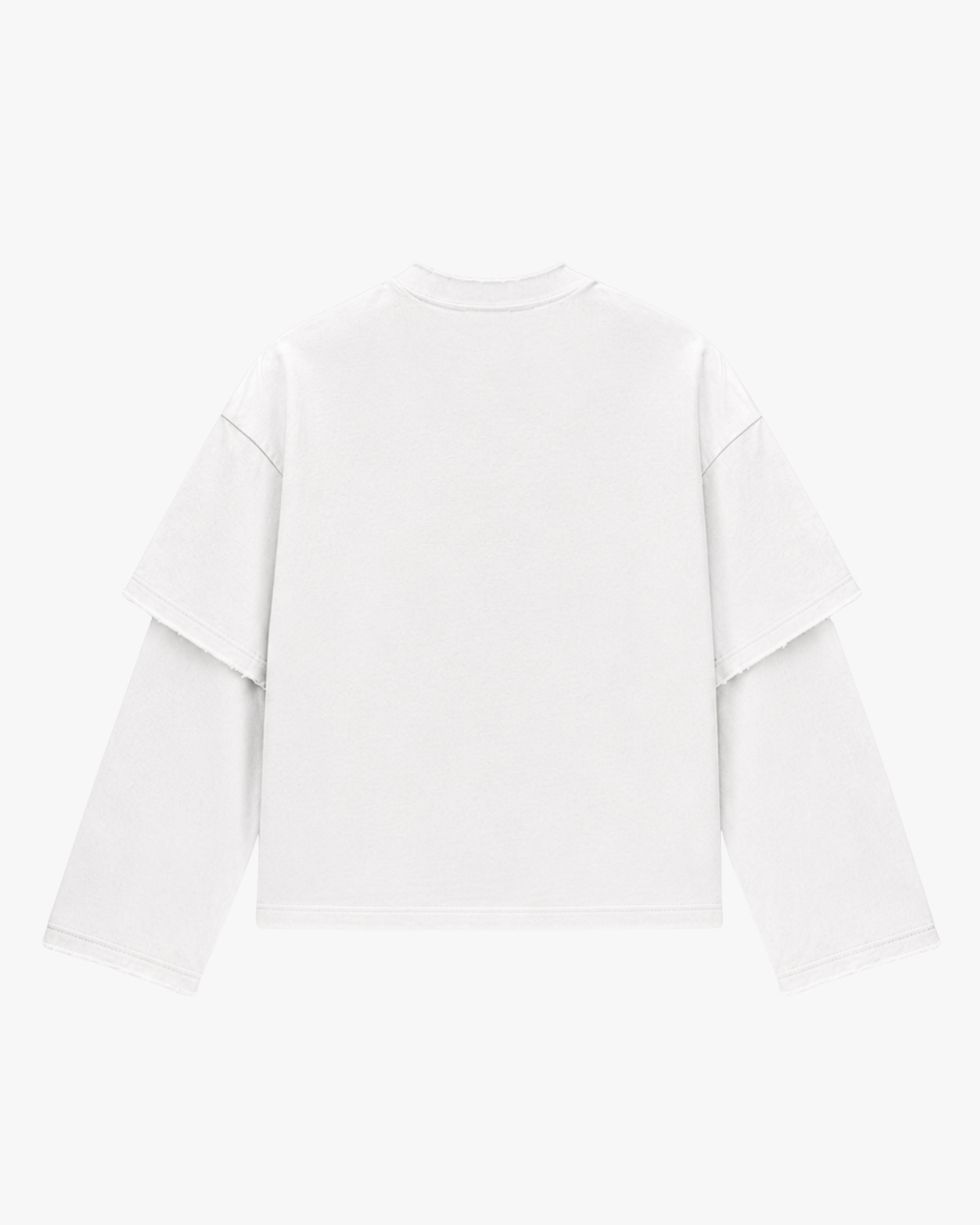 ATARUSH MUTE off-white longsleeve, back view — layered sleeves, raw hem
