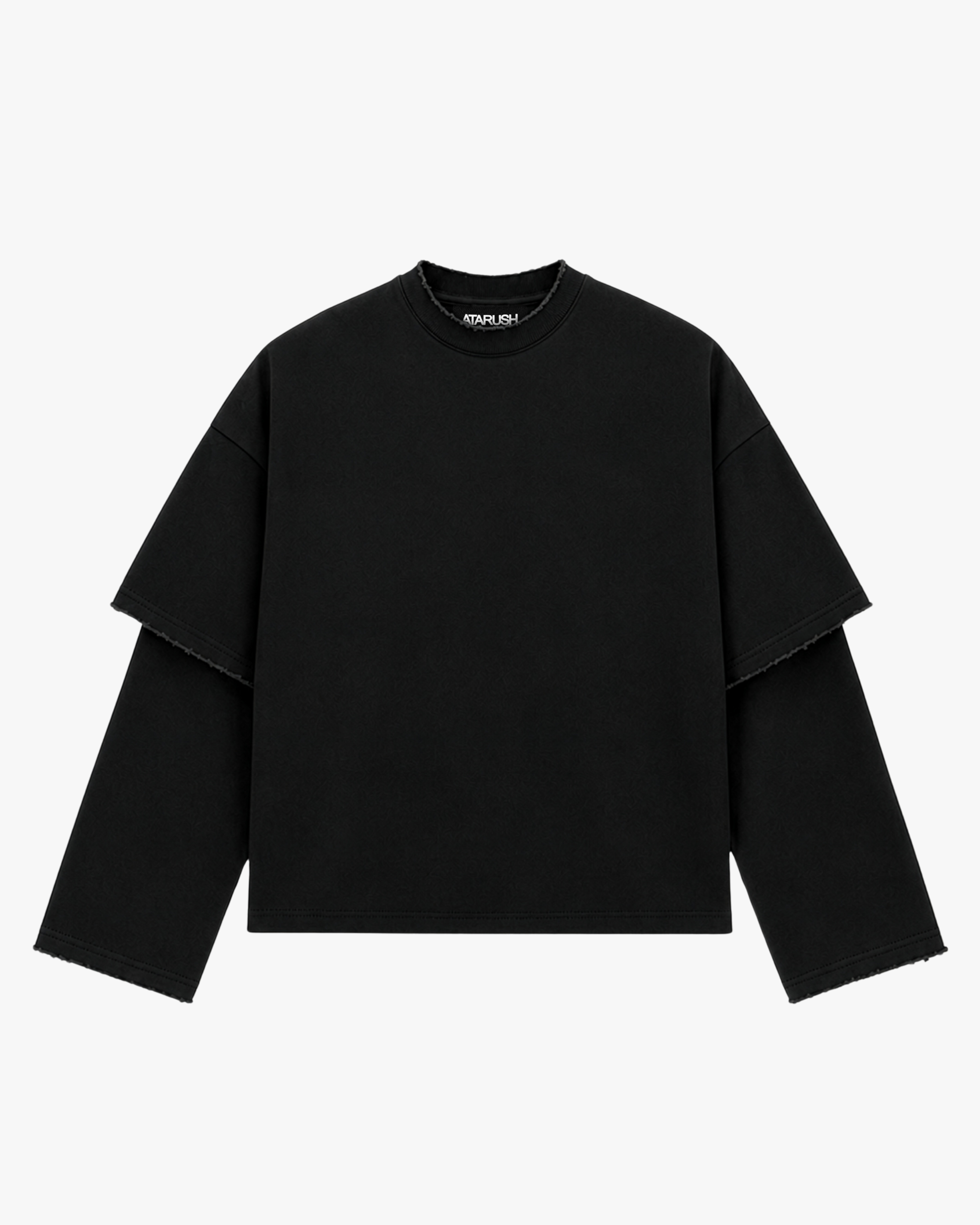 ATARUSH MUTE longsleeve in washed black, front view — layered double sleeves and raw edges, 220gsm cotton