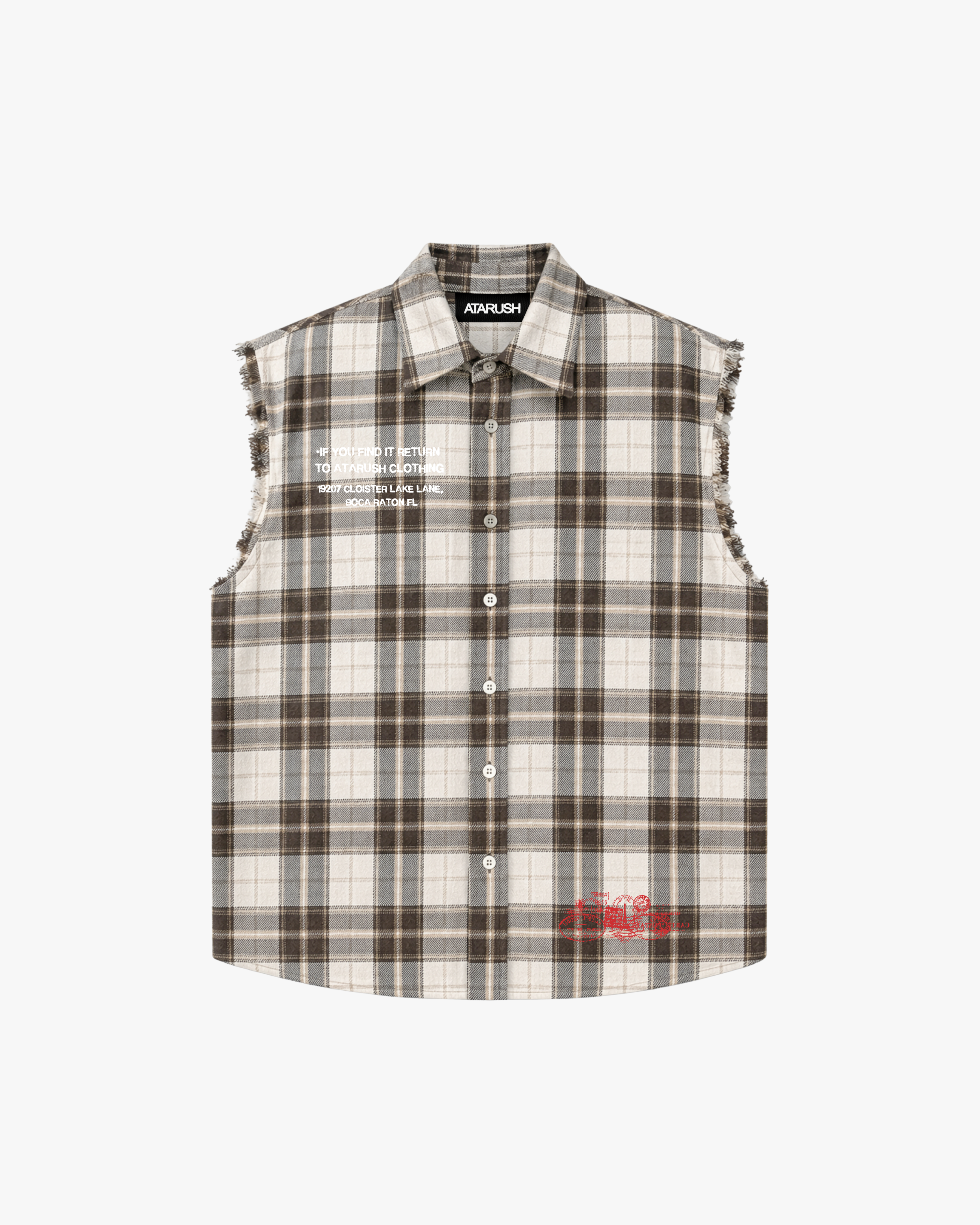 ATARUSH Members Only sleeveless flannel in cream check, front — raw frayed armholes, return-to-ATARUSH print
