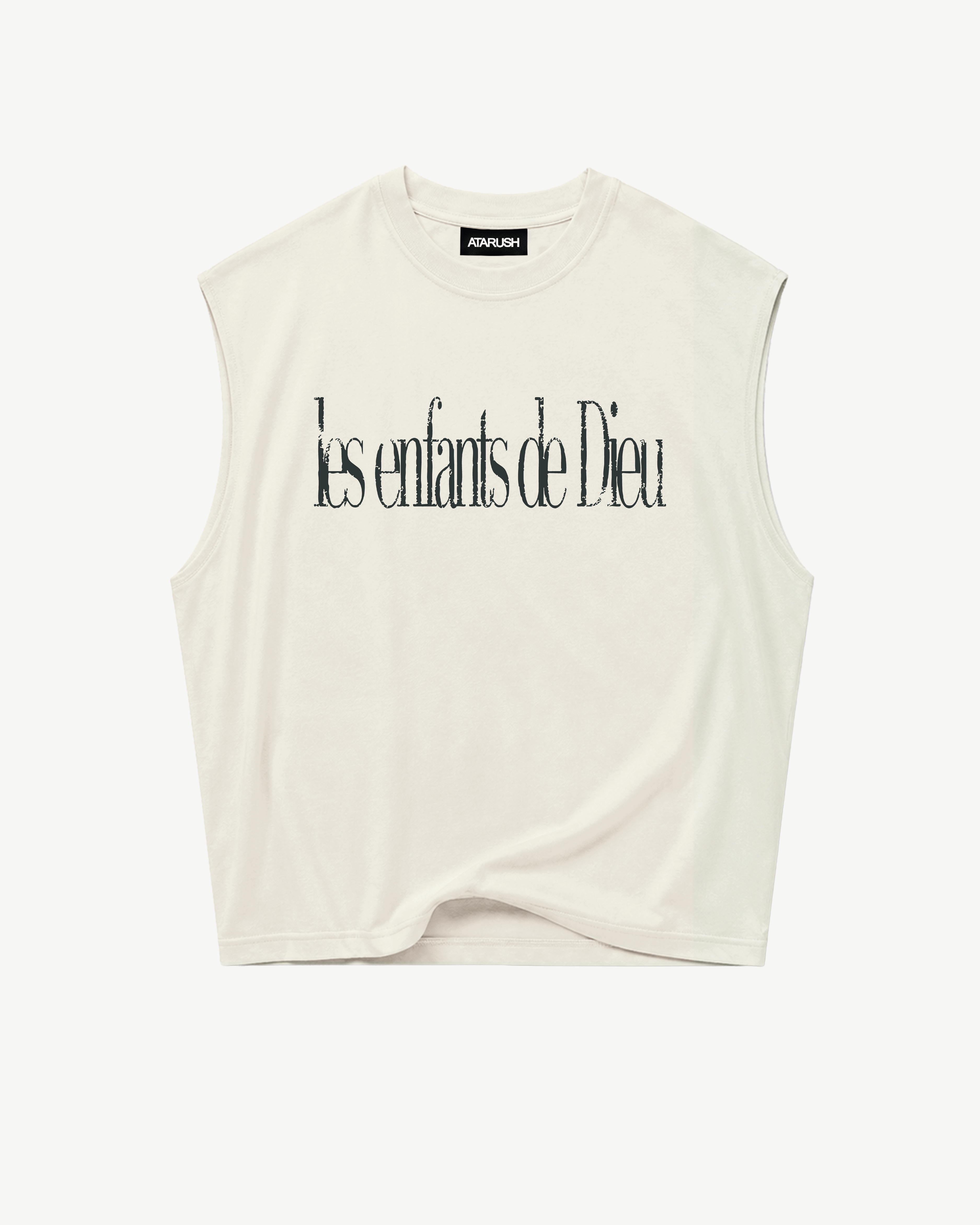 ATARUSH Signature Tank in Vintage Chalk, back — small Angels crest at nape, 180gsm cotton boxy cropped
