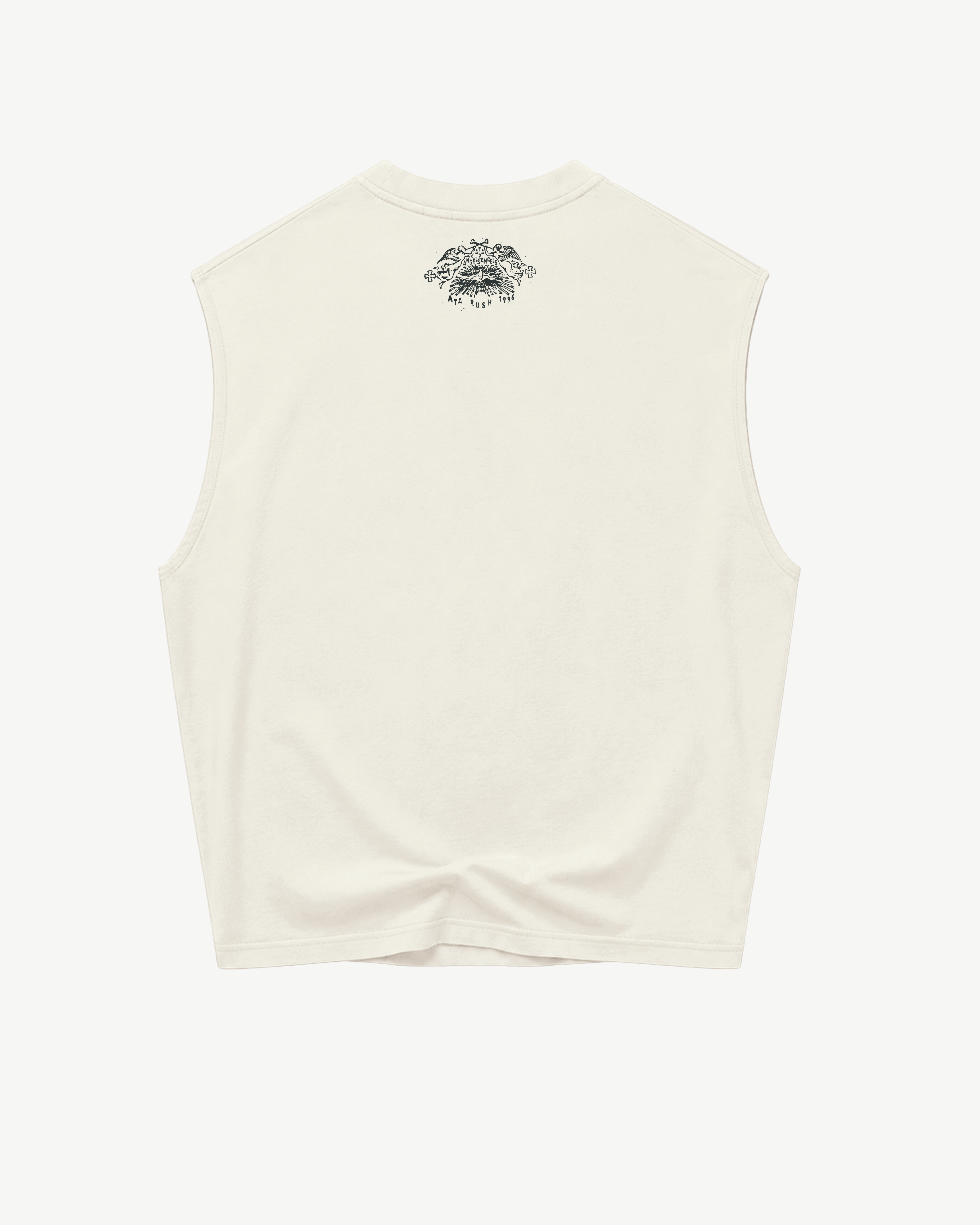 ATARUSH Signature Tank in Vintage Chalk, front — faded black 'les enfants de Dieu' italic serif print, 180gsm cotton boxy cropped