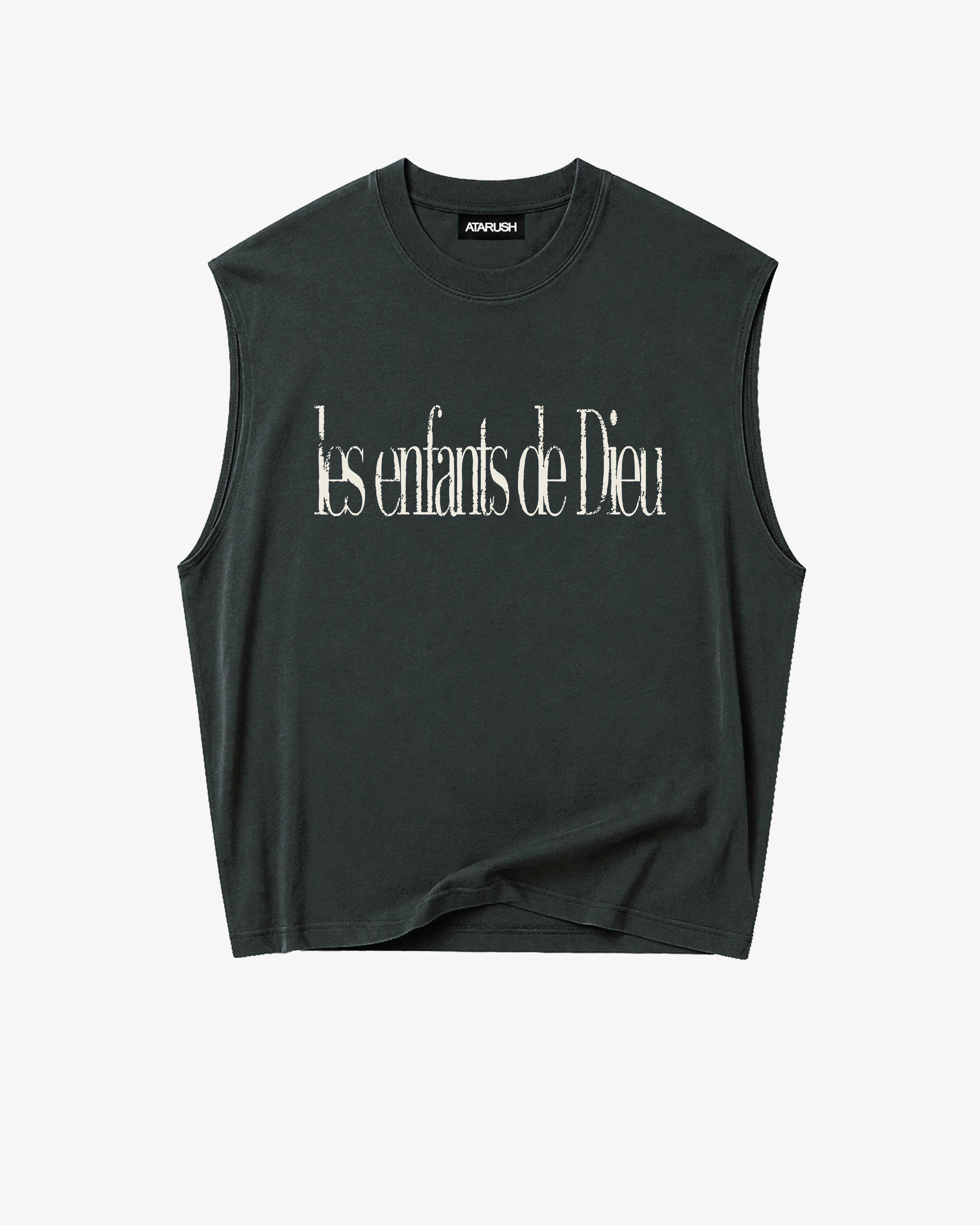 ATARUSH Signature Tank in Vintage Lead, back — small Angels crest at nape, 180gsm cotton boxy cropped