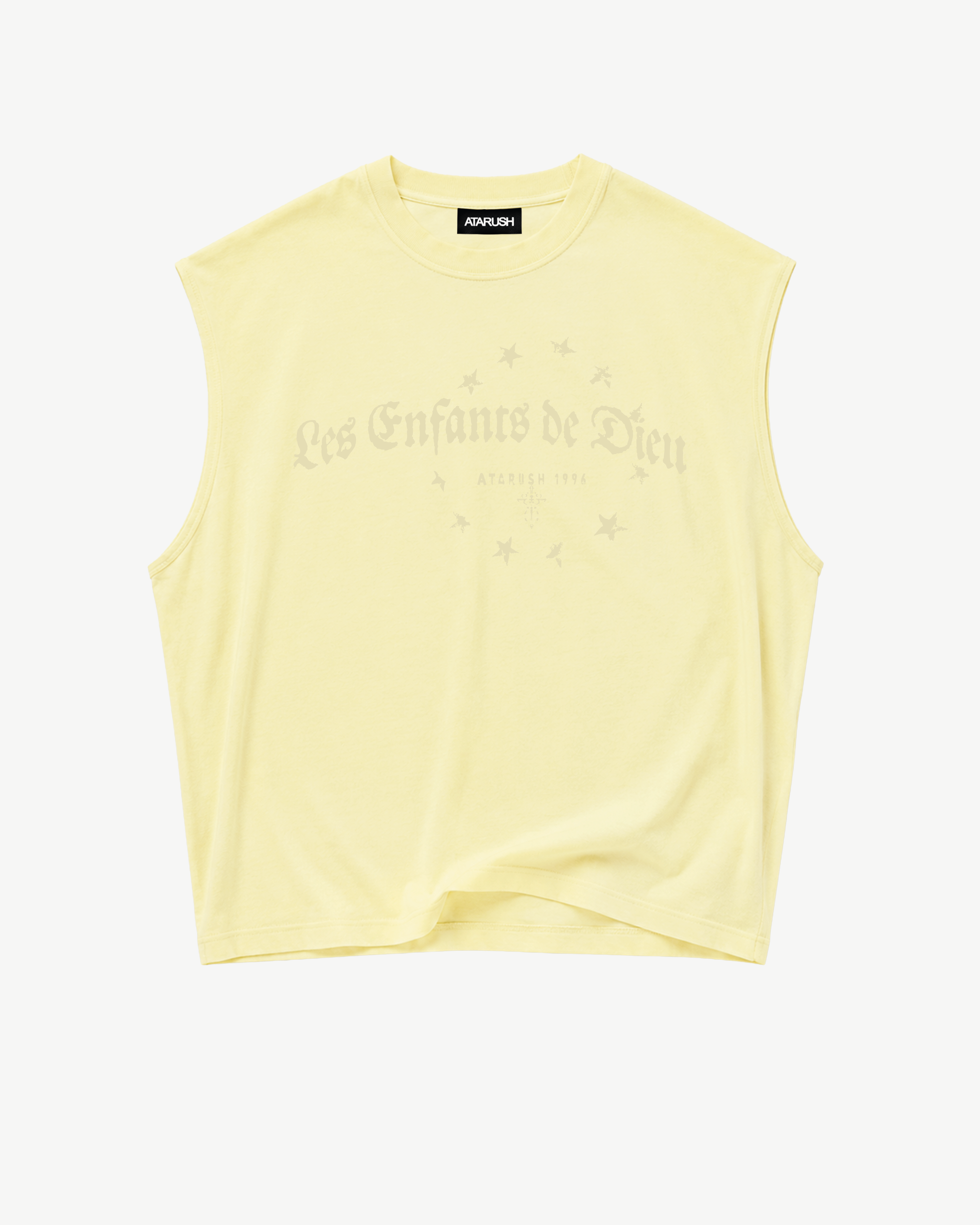 ATARUSH Circle Tank in Vintage Yellow, back — small ornate cross print at nape