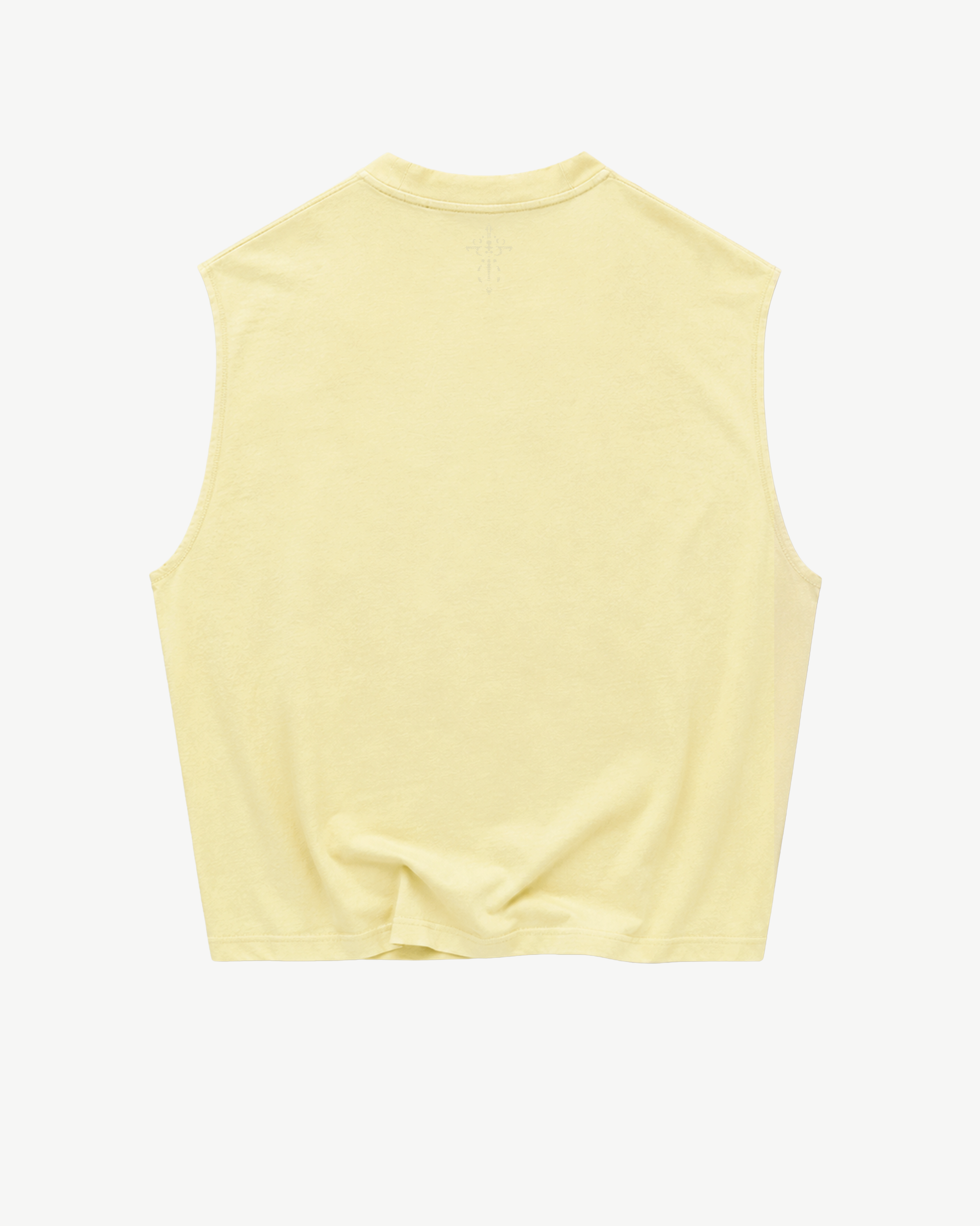 ATARUSH Circle Tank in Vintage Yellow, front — tone-on-tone Les Enfants de Dieu gothic emblem with circle of stars, 180gsm cotton boxy cropped