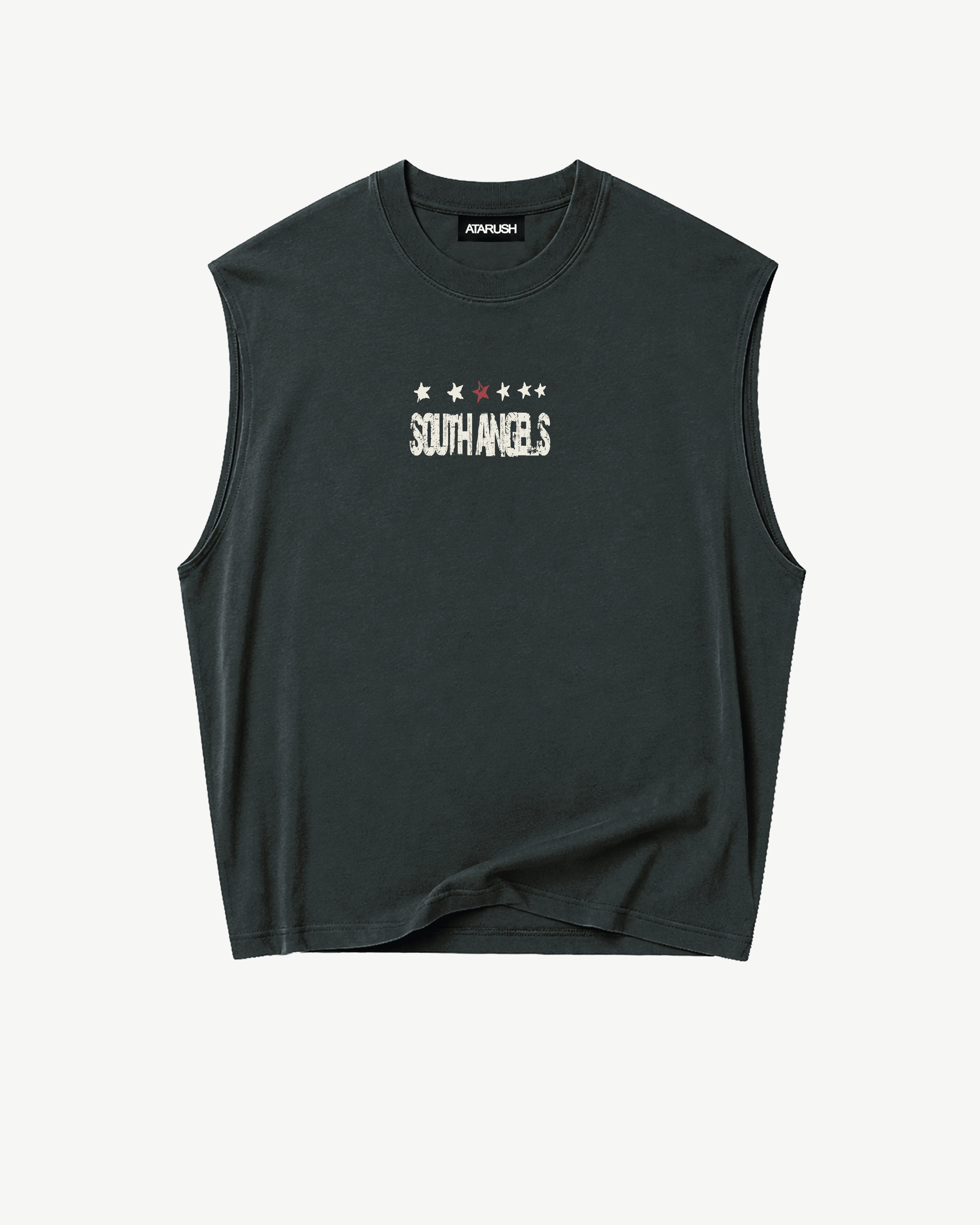 ATARUSH Angel Tank in Vintage Lead, back — ANGELS TO ANGELS / RUINED BY THE SUN stars-and-cross emblem in cream with red star accents
