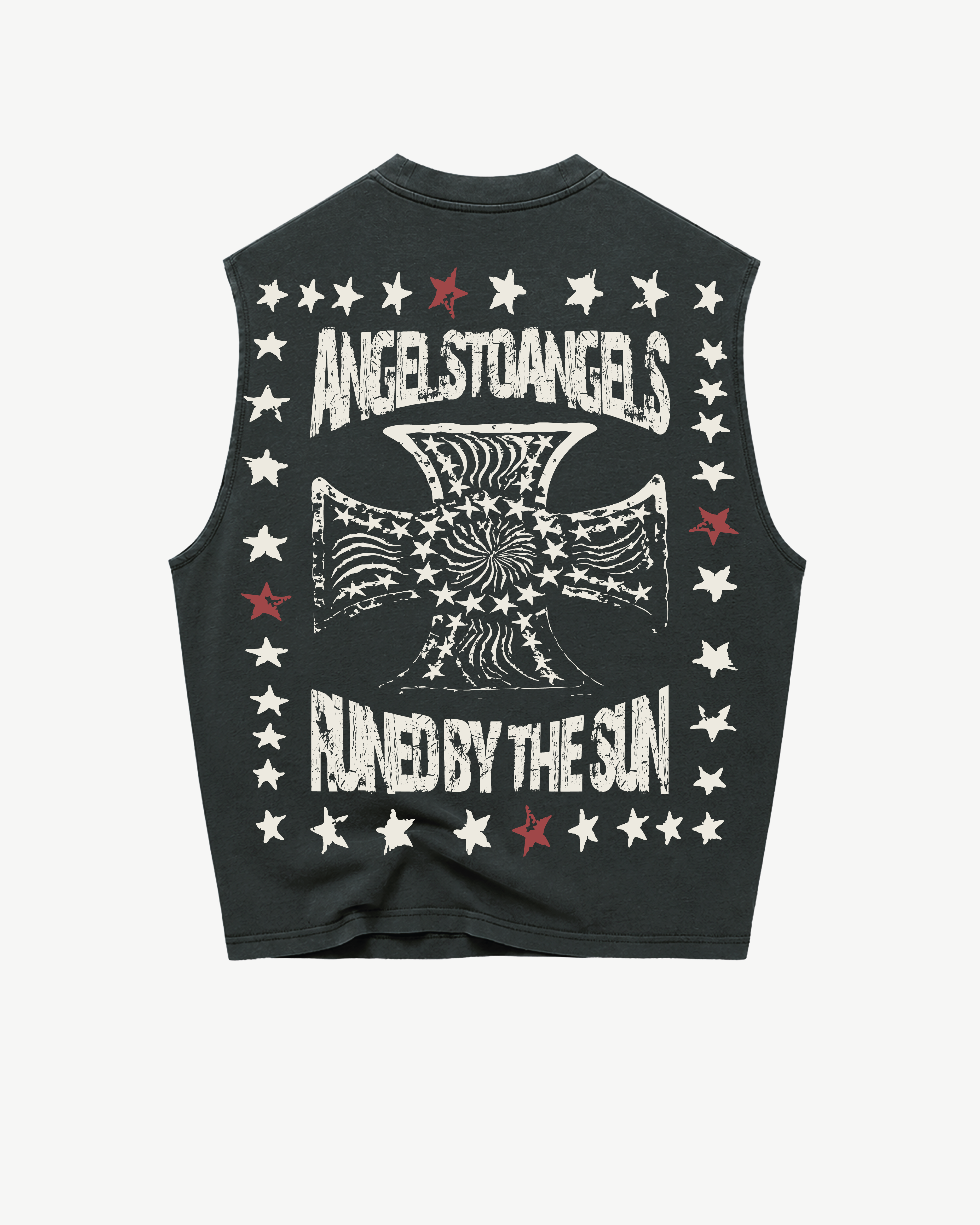 ATARUSH Angel Tank in Vintage Lead, front — cream SOUTH ANGELS print with stars and red accent, 180gsm cotton boxy cropped