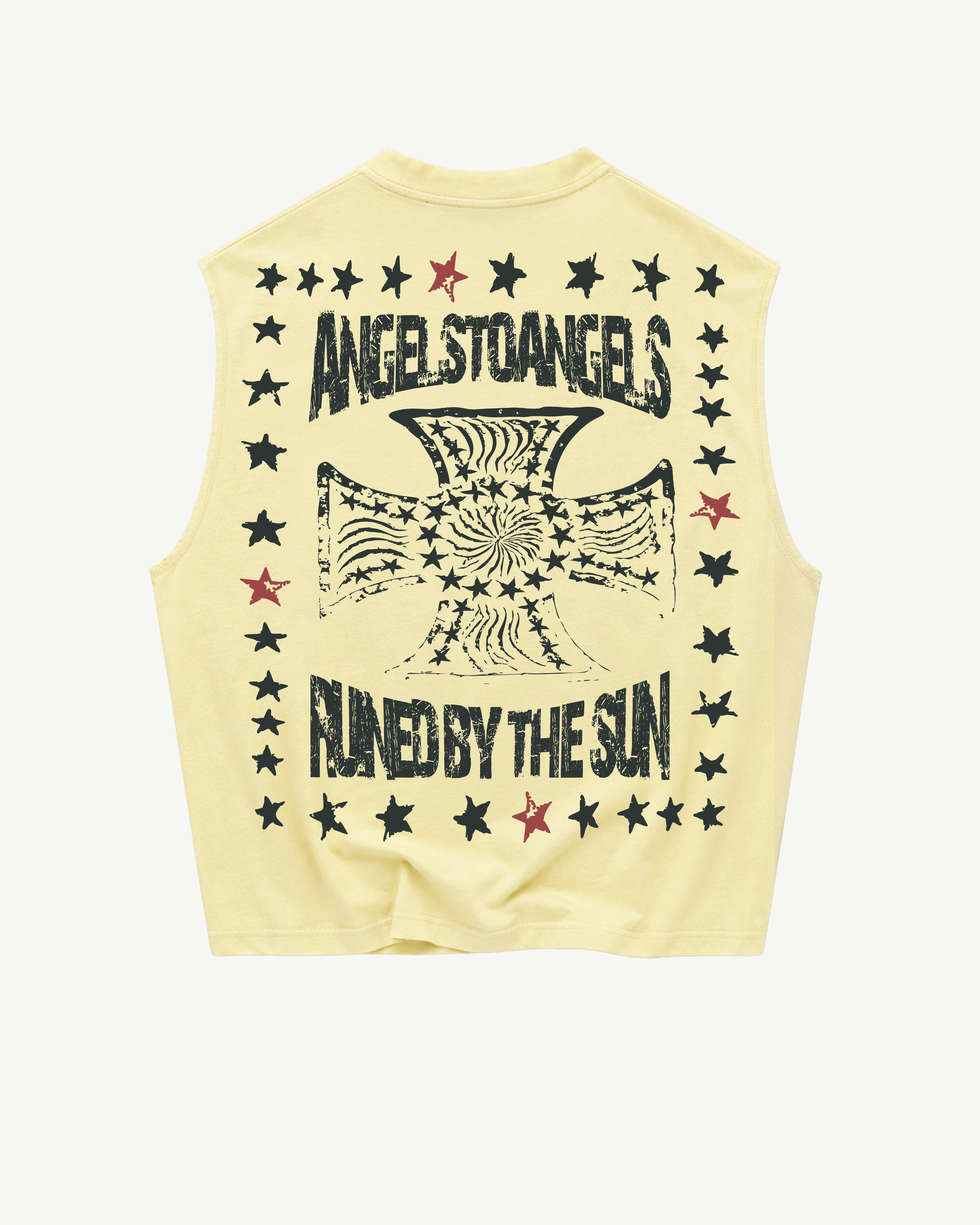 ATARUSH Angel Tank in Vintage Yellow, front — black SOUTH ANGELS print with stars and red accent, 180gsm cotton boxy cropped