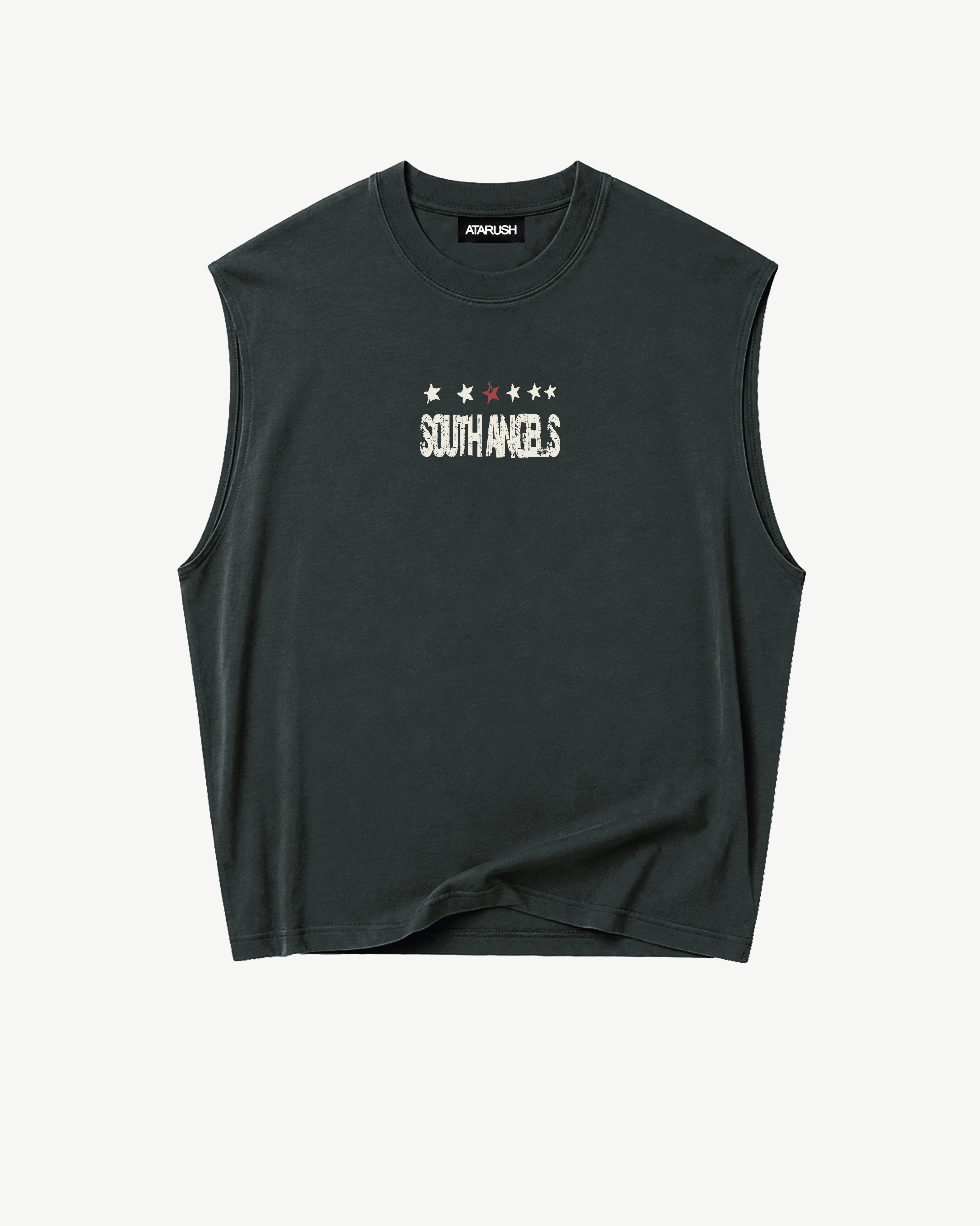 ATARUSH Saint Michael Tank in Vintage Lead, back — cream archangel figure with cross, SOUTH ANGELS red arch and red star row