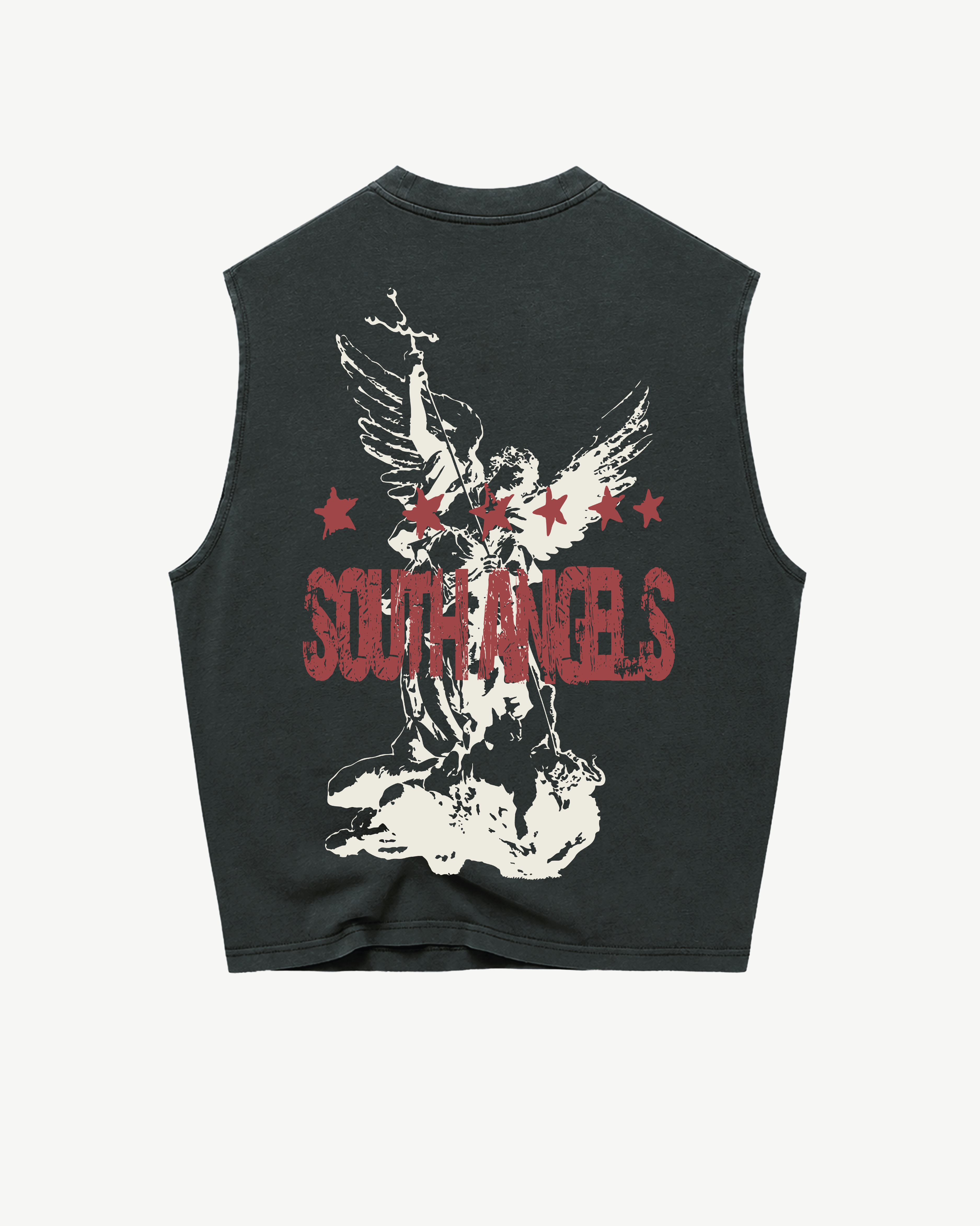 ATARUSH Saint Michael Tank in Vintage Lead, front — cream SOUTH ANGELS print with stars and red accent, 180gsm cotton boxy cropped