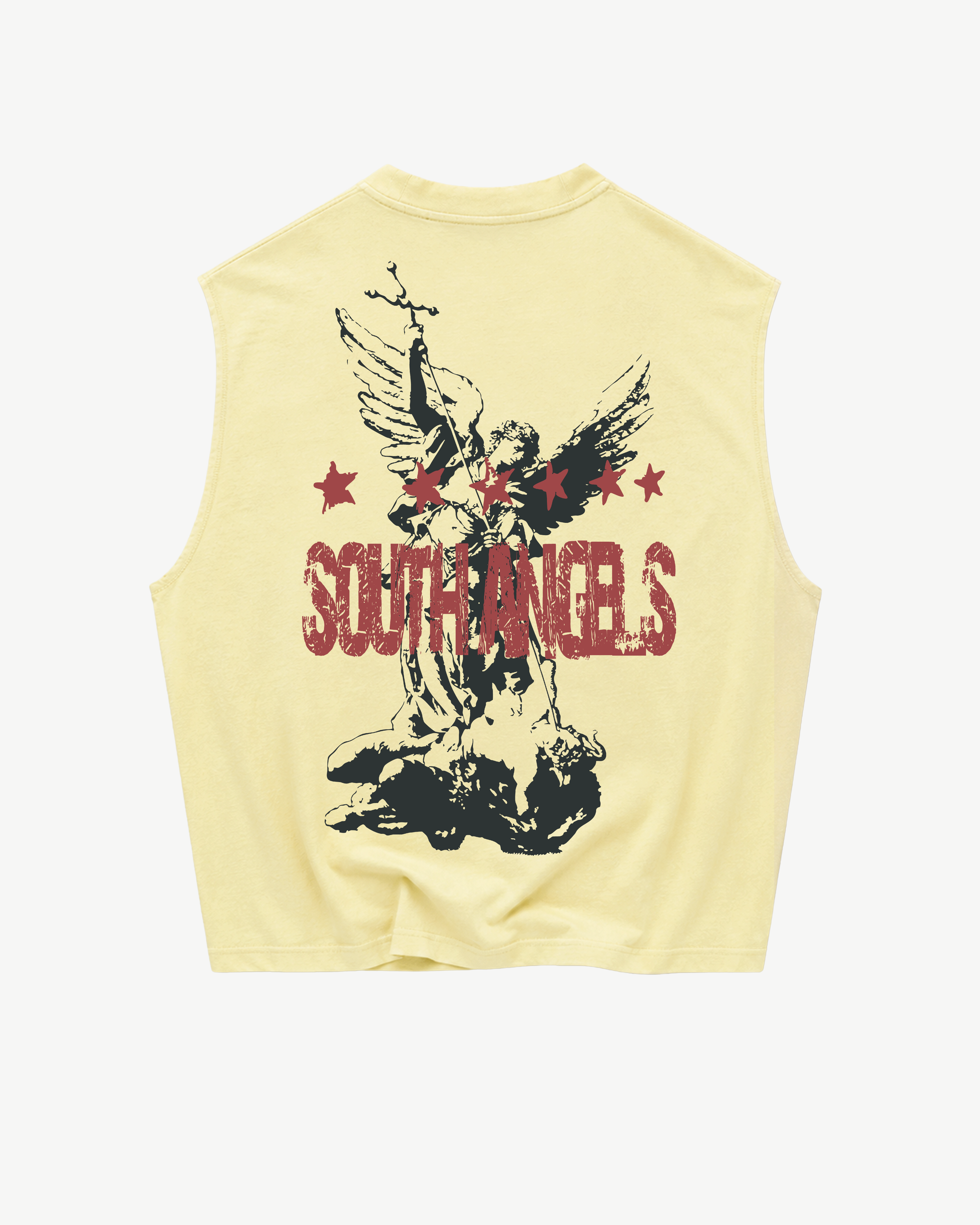 ATARUSH Saint Michael Tank in Vintage Yellow, front — black SOUTH ANGELS print with stars and red accent, 180gsm cotton boxy cropped