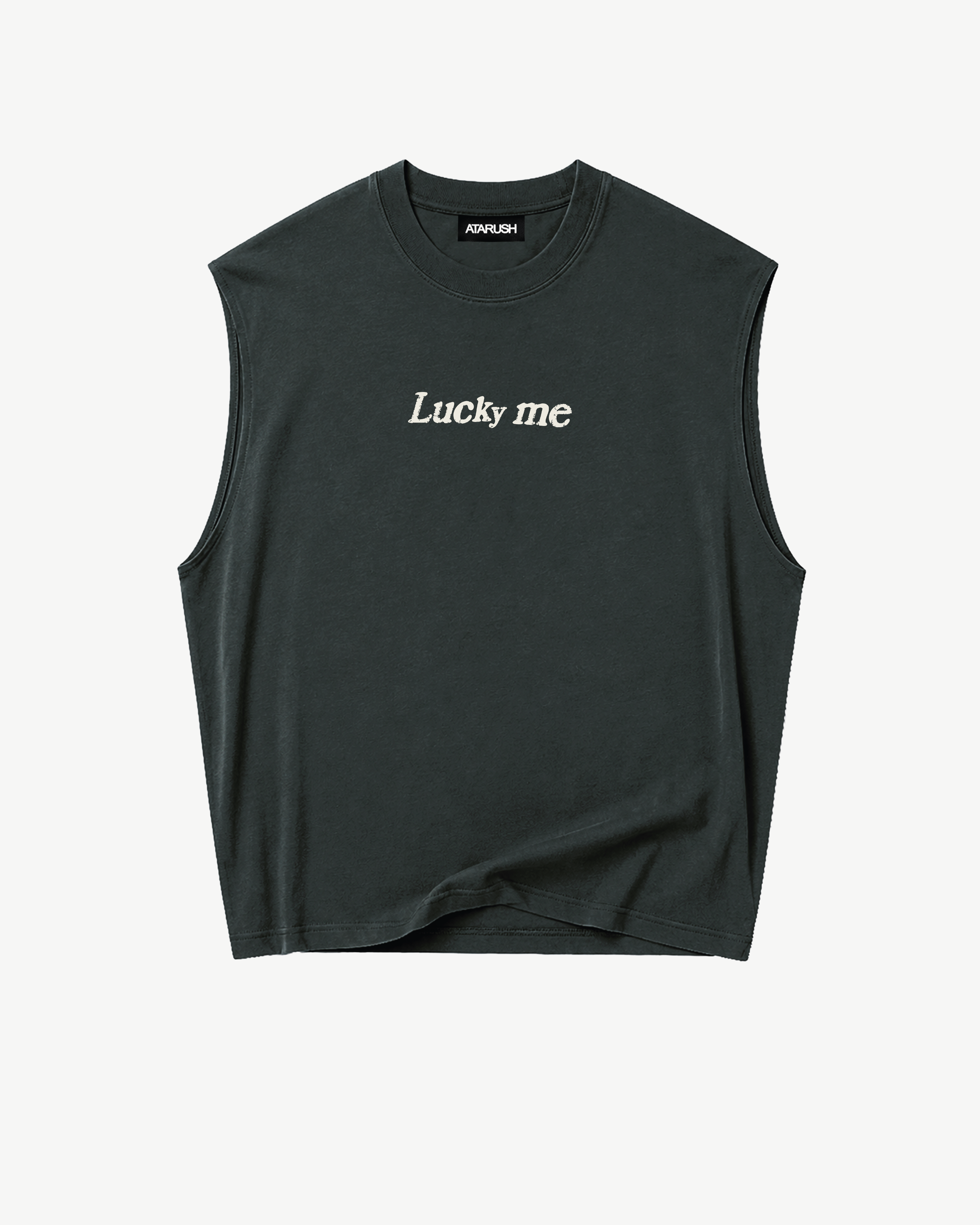 ATARUSH Lucky Me Tank in Vintage Lead, back — 'I am a child of God' three-line cream distressed serif print