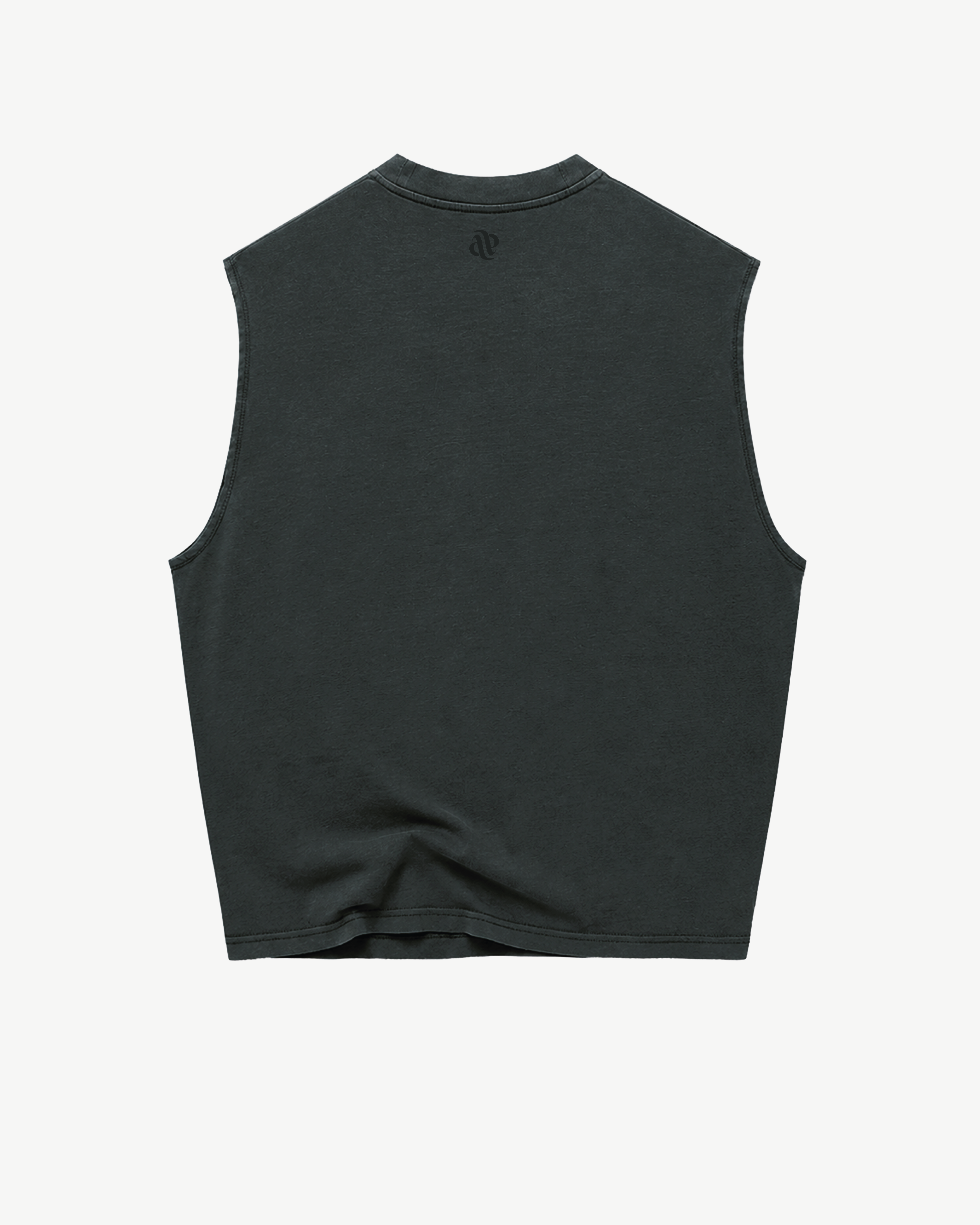 ATARUSH Logo Tank in Vintage Lead, front — tone-on-tone ATARUSH 1996 Los Angeles California print, 180gsm cotton boxy cropped