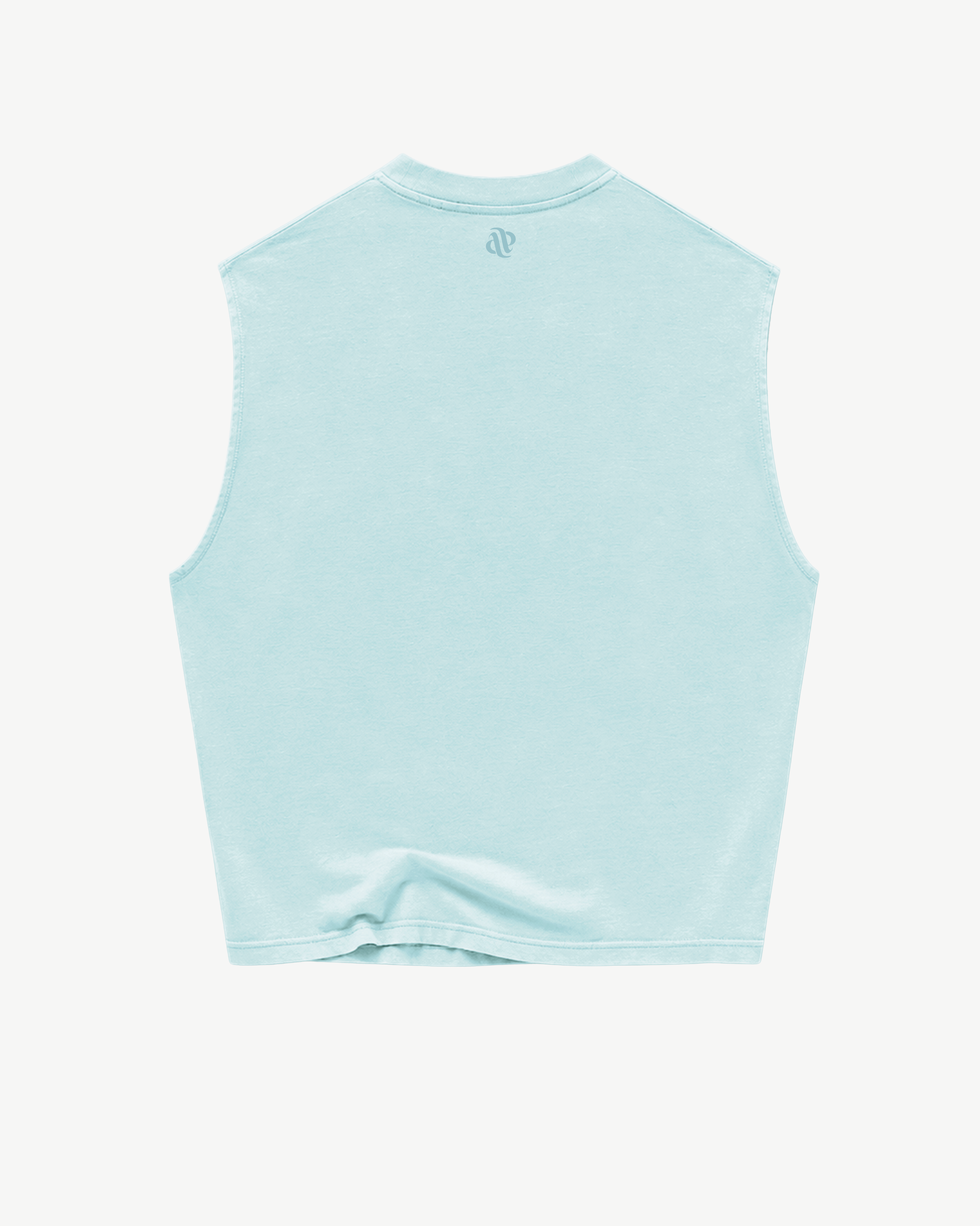 ATARUSH Logo Tank in Capri Blue, front — tone-on-tone ATARUSH 1996 Los Angeles California print, 180gsm cotton boxy cropped