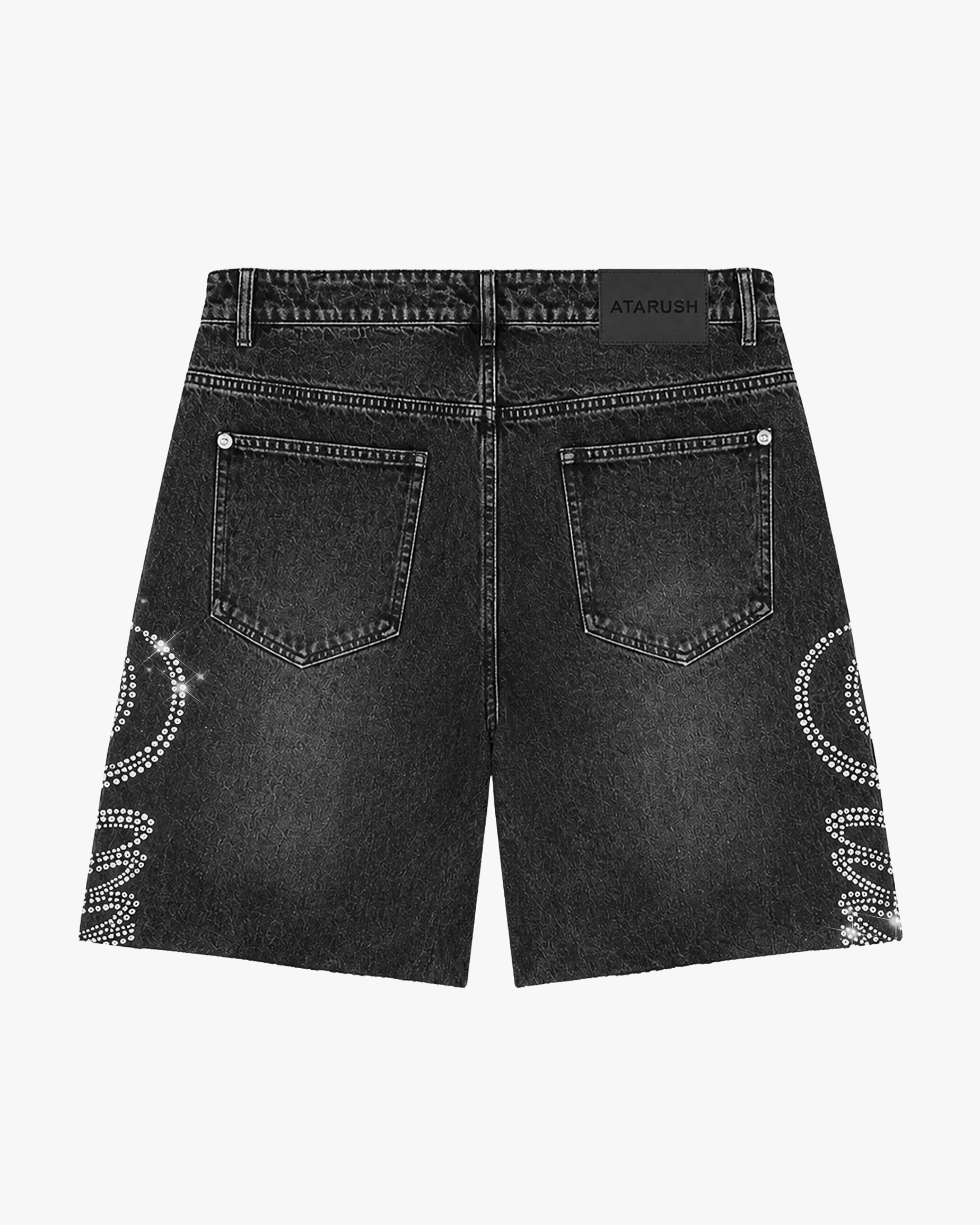 ATARUSH Compete denim shorts, back — rhinestone SAINTS lettering on pockets and leather patch