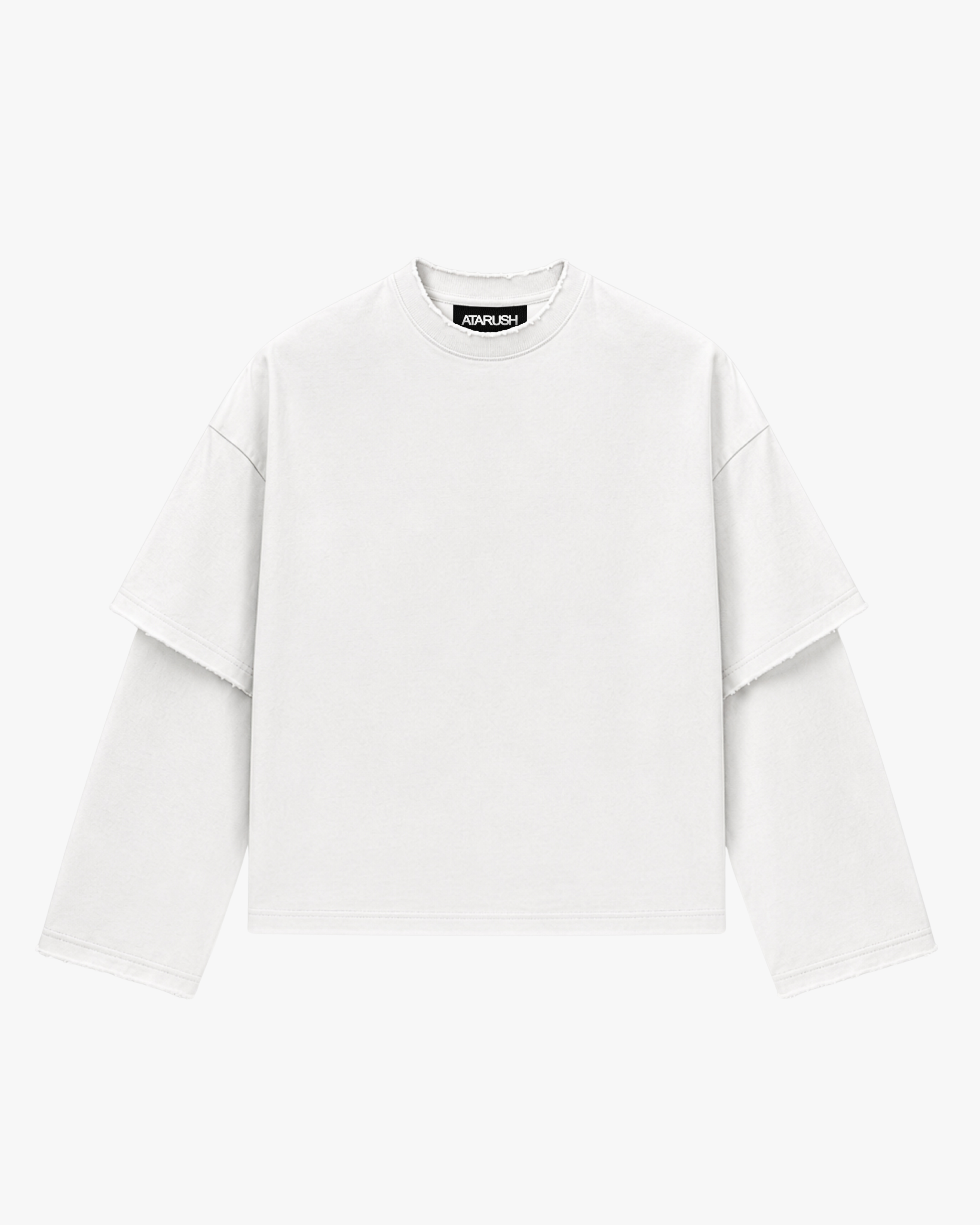 ATARUSH MUTE longsleeve in off-white, front view — layered double sleeves and raw edges, 220gsm cotton