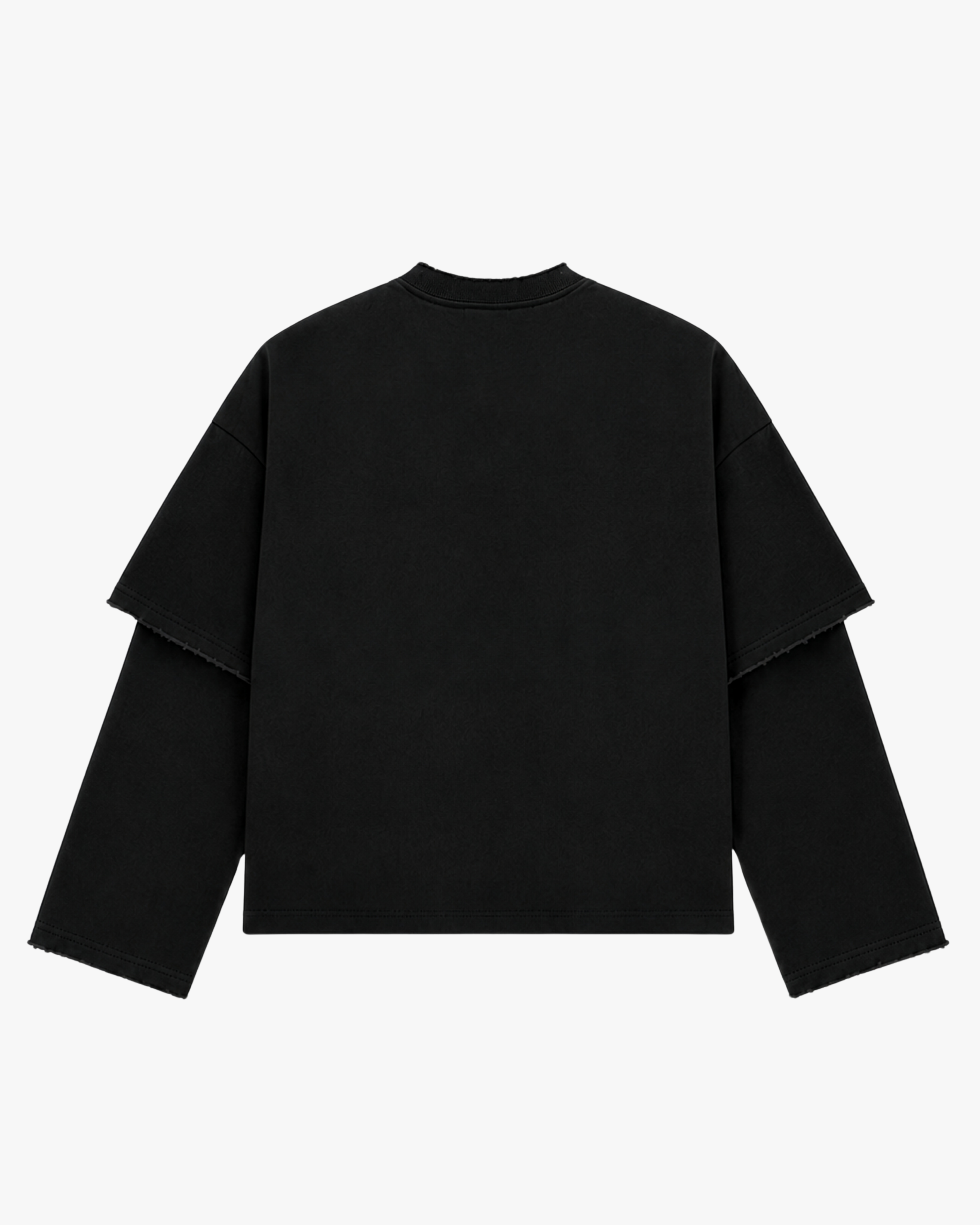 ATARUSH MUTE washed black longsleeve, back view — layered sleeves, raw hem