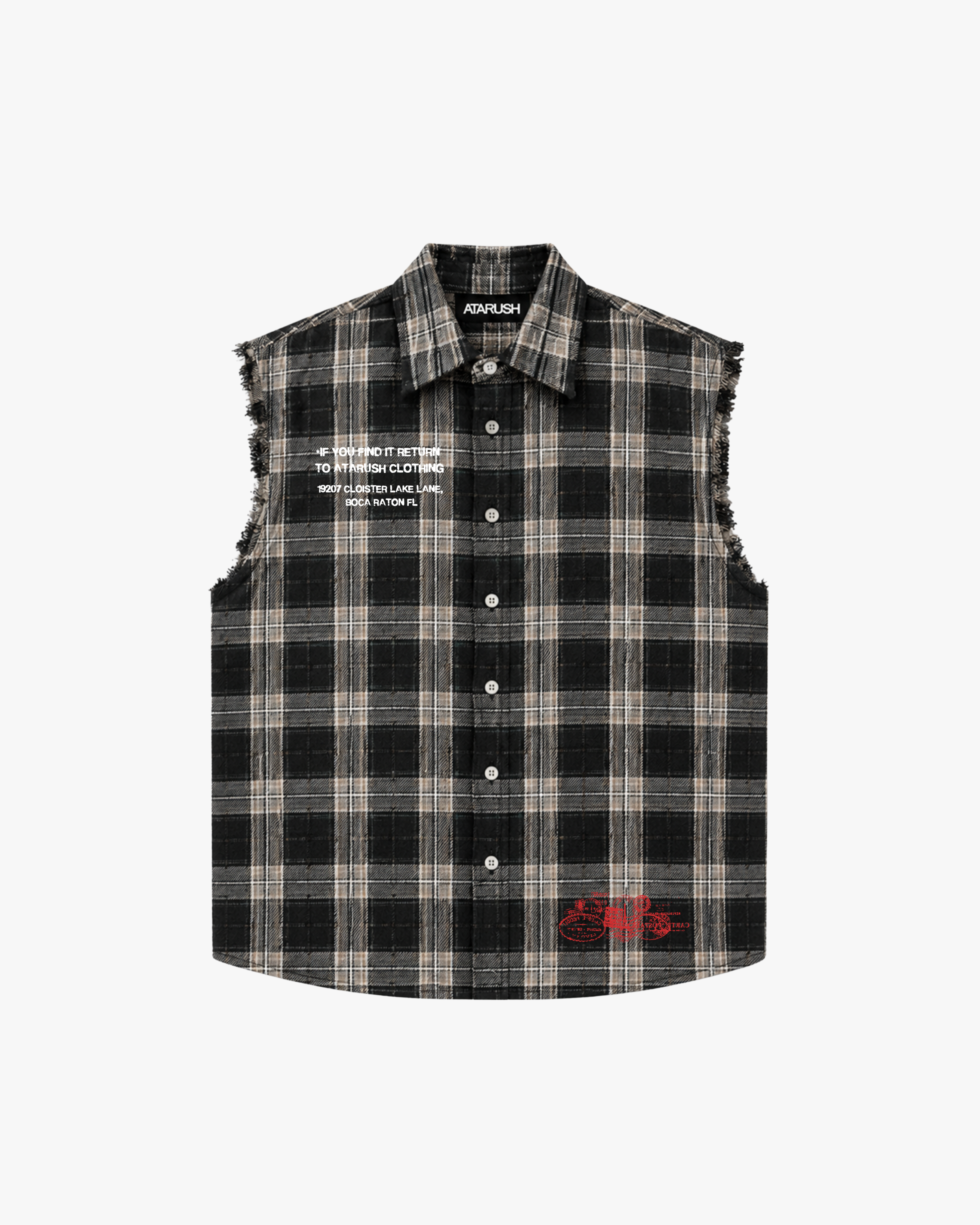 ATARUSH Members Only sleeveless flannel in black check, front — raw frayed armholes, return-to-ATARUSH print
