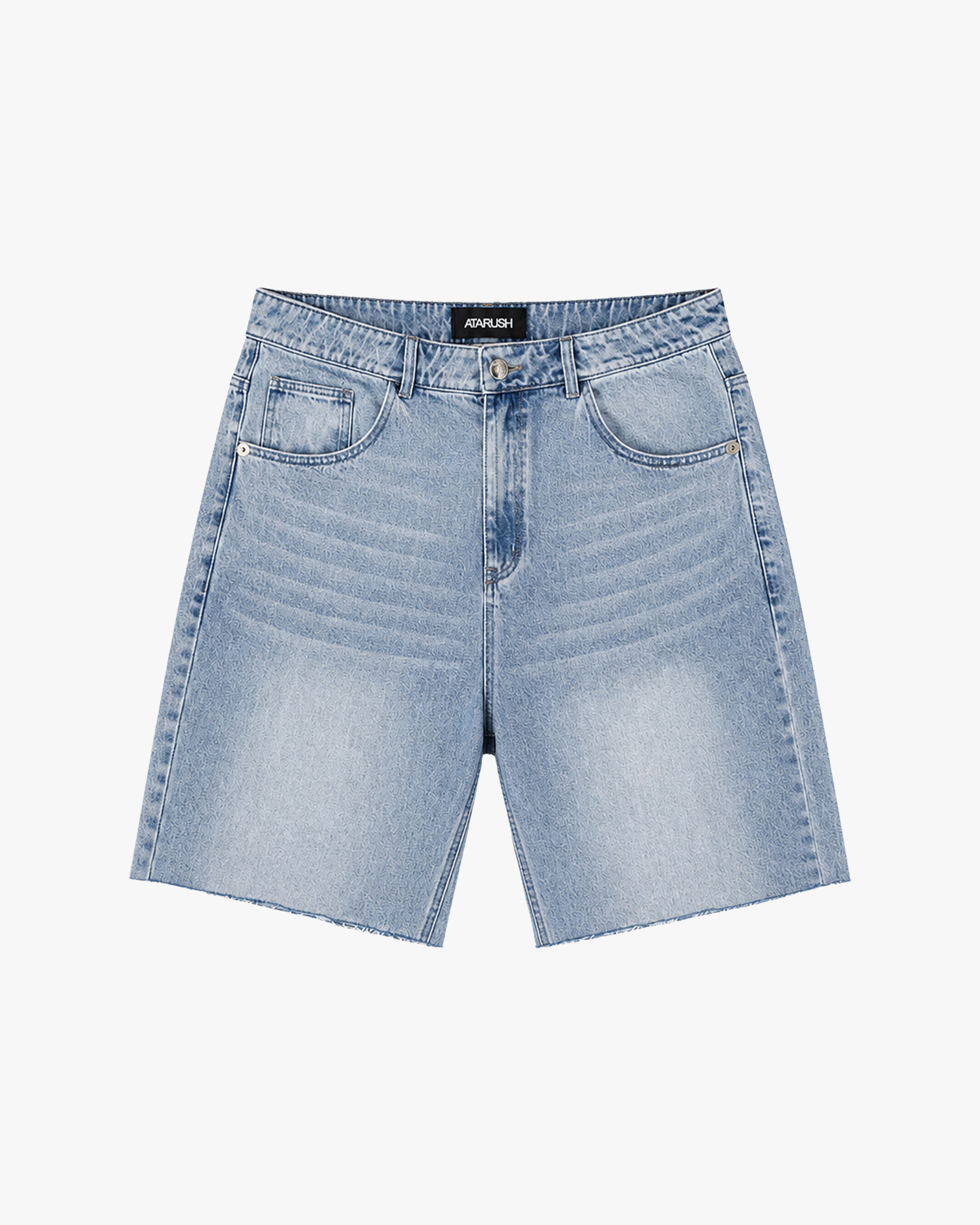 ATARUSH Rider denim shorts in light blue, front — 14oz cotton, raw frayed hem
