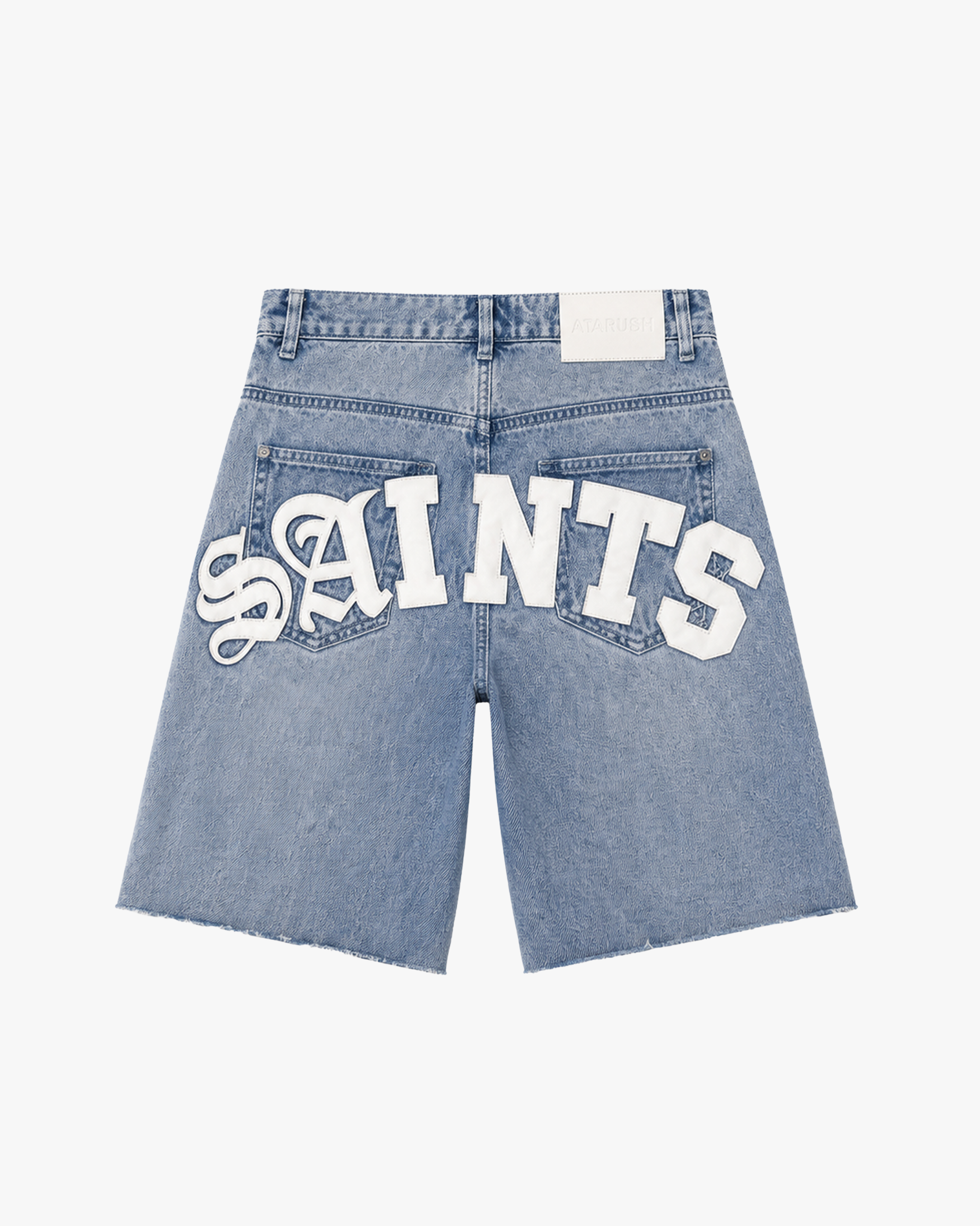 ATARUSH Rider denim shorts, back — white SAINTS leather lettering and leather patch