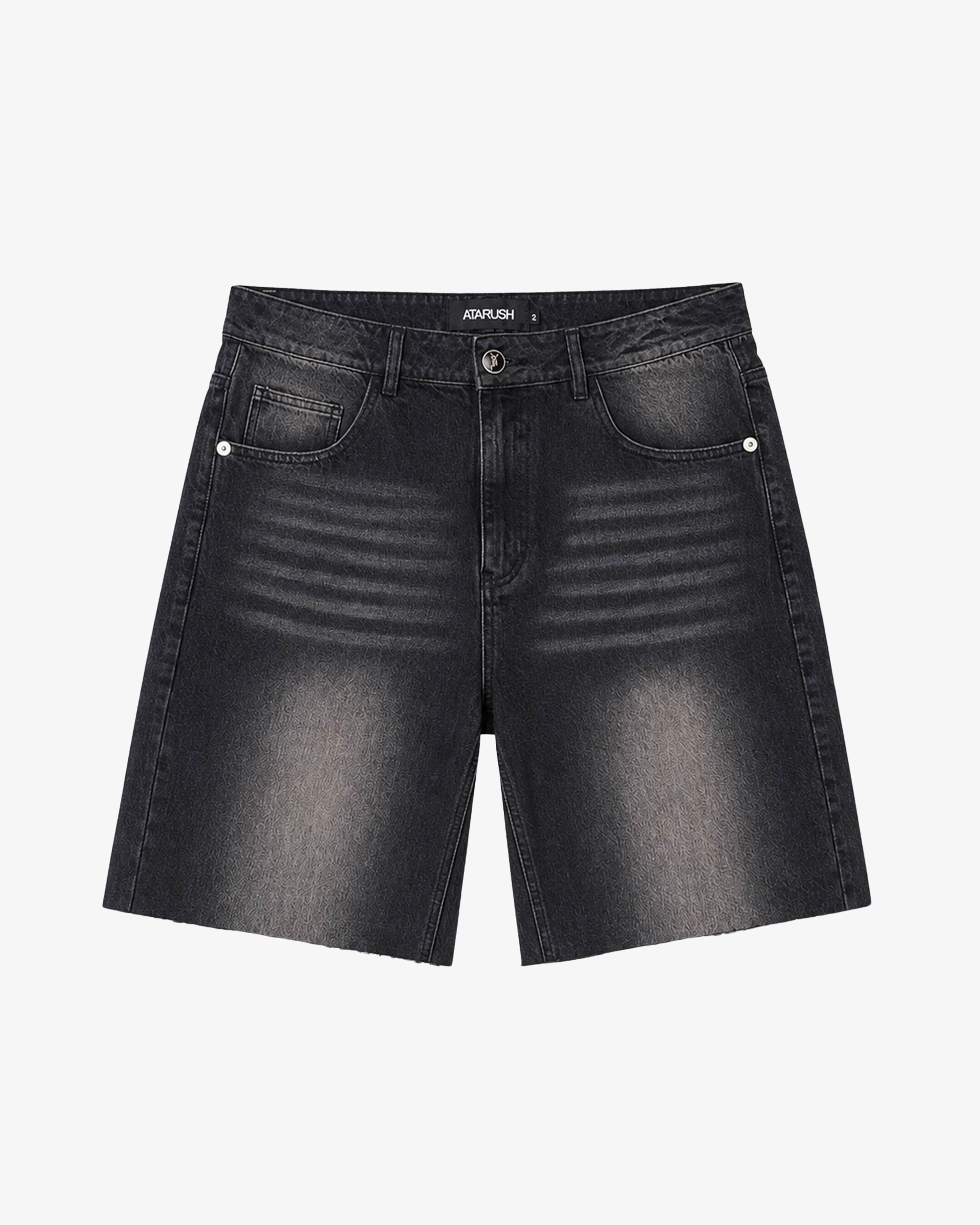 ATARUSH Compete denim shorts in washed black, front — 14oz cotton, raw frayed hem
