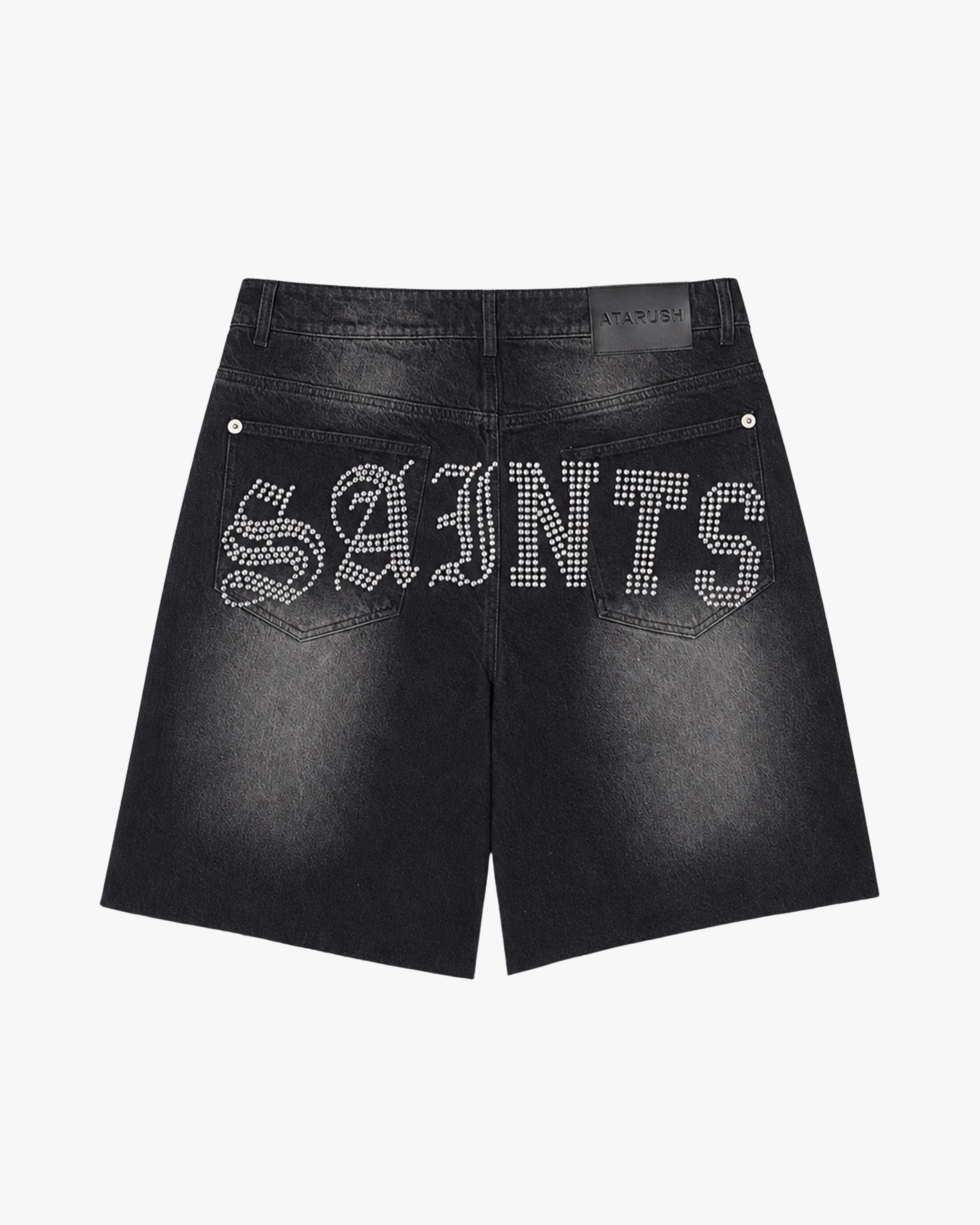 ATARUSH Compete denim shorts, back — rhinestone SAINTS lettering on pockets and leather patch