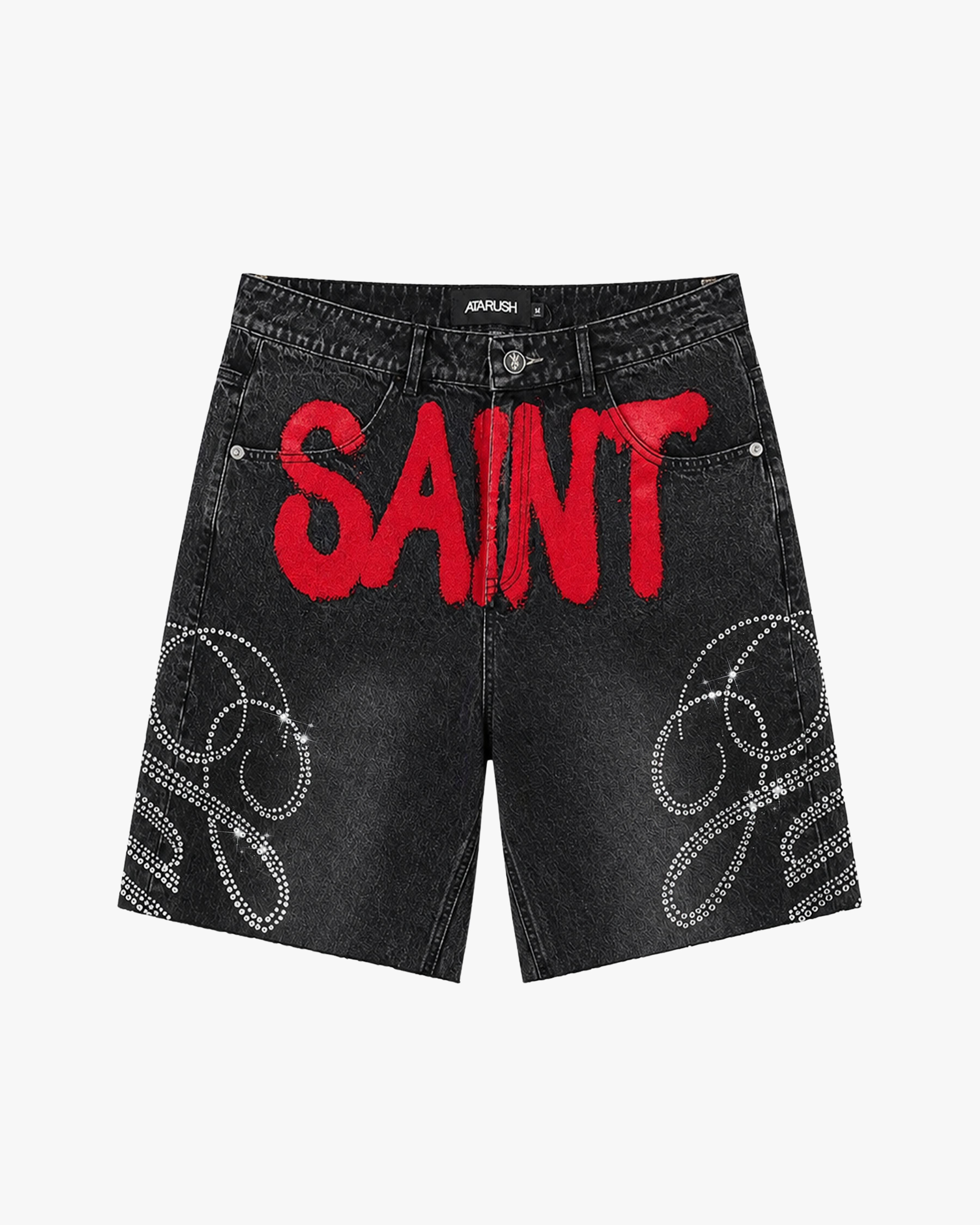 ATARUSH Compete denim shorts in washed black, front — 14oz cotton, raw frayed hem