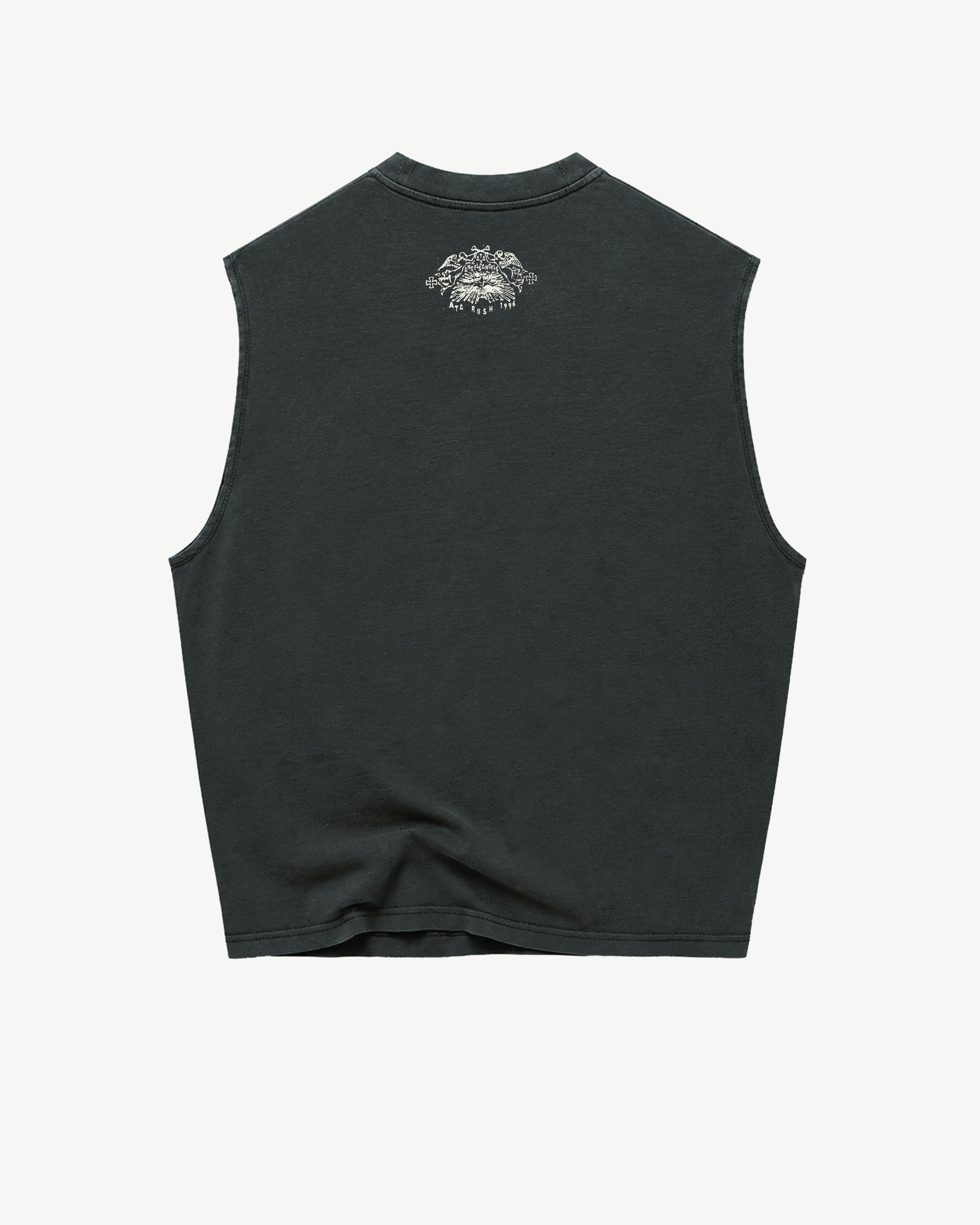 ATARUSH Signature Tank in Vintage Lead, front — aged cream 'les enfants de Dieu' italic serif print, 180gsm cotton boxy cropped