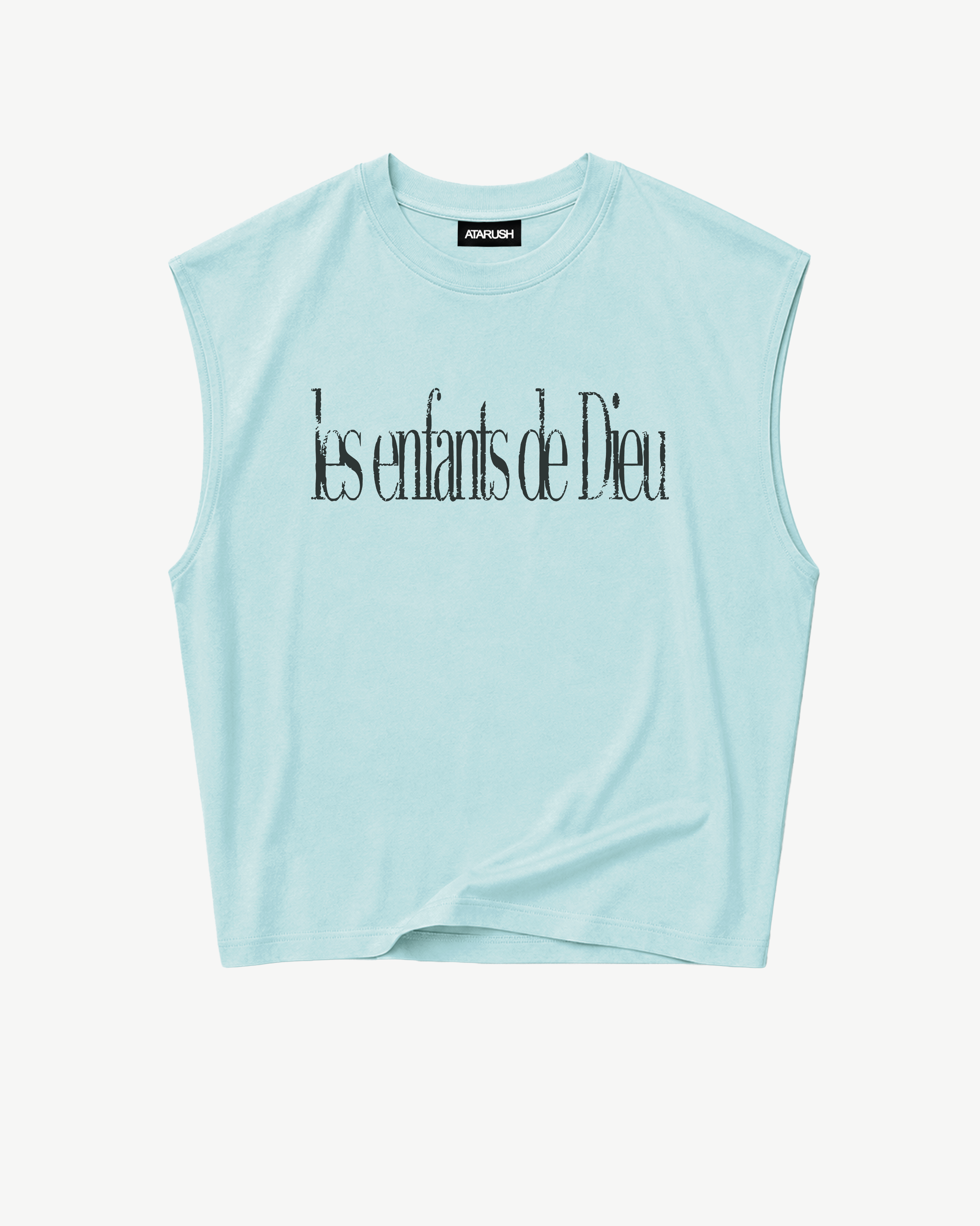 ATARUSH Signature Tank in Capri Blue, back — small Angels crest at nape, 180gsm cotton boxy cropped