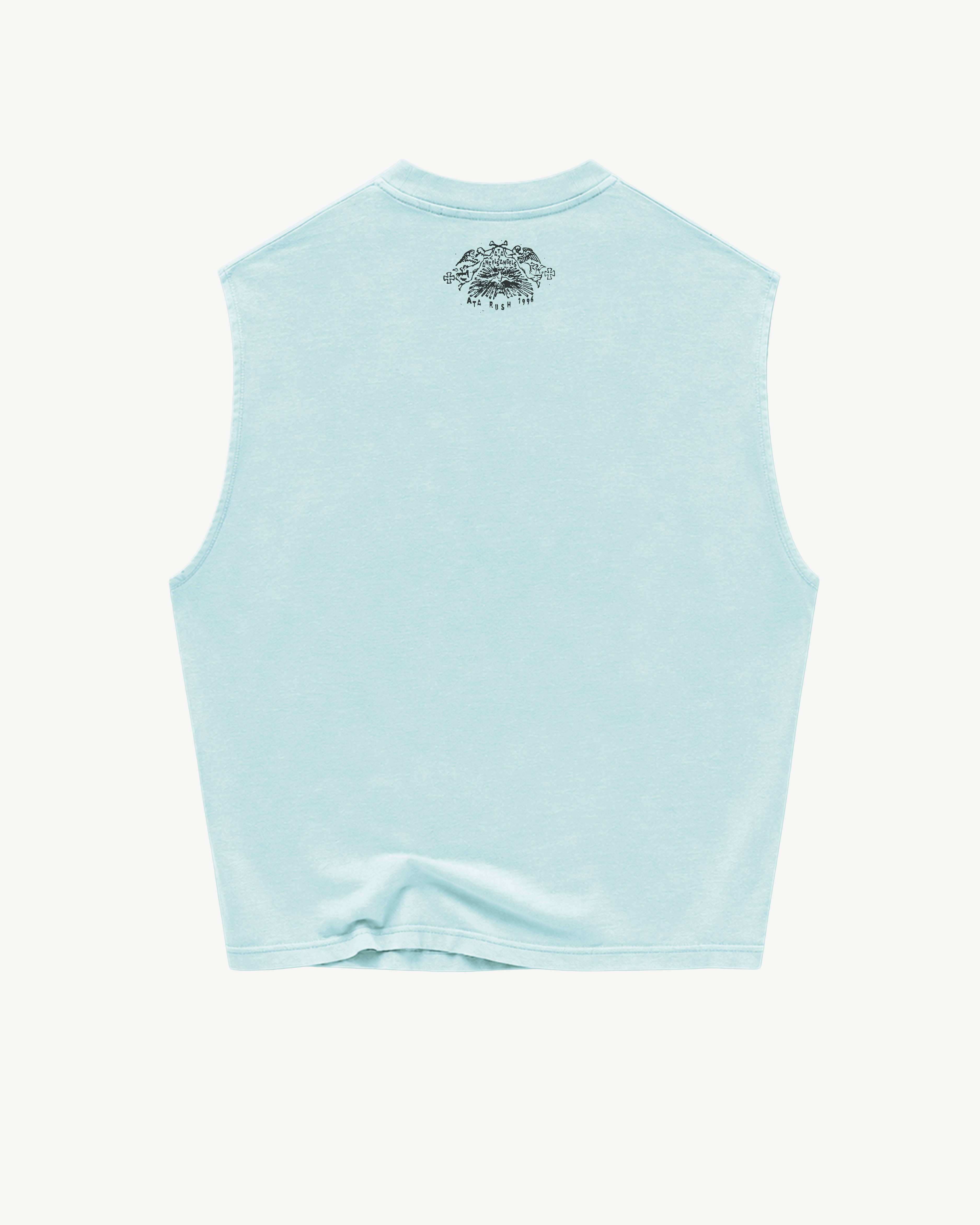 ATARUSH Signature Tank in Capri Blue, front — faded black 'les enfants de Dieu' italic serif print, 180gsm cotton boxy cropped