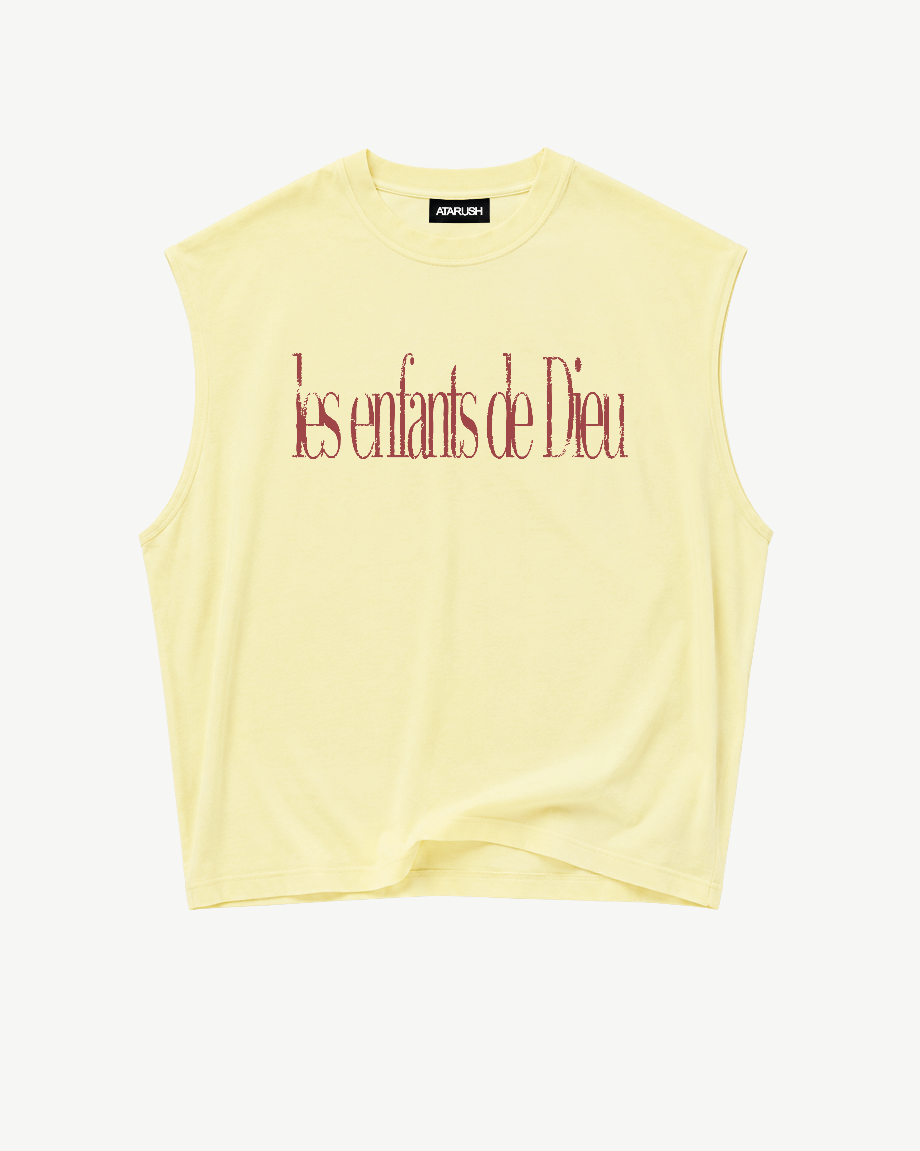 ATARUSH Signature Tank in Vintage Yellow, back — small Angels crest at nape, 180gsm cotton boxy cropped