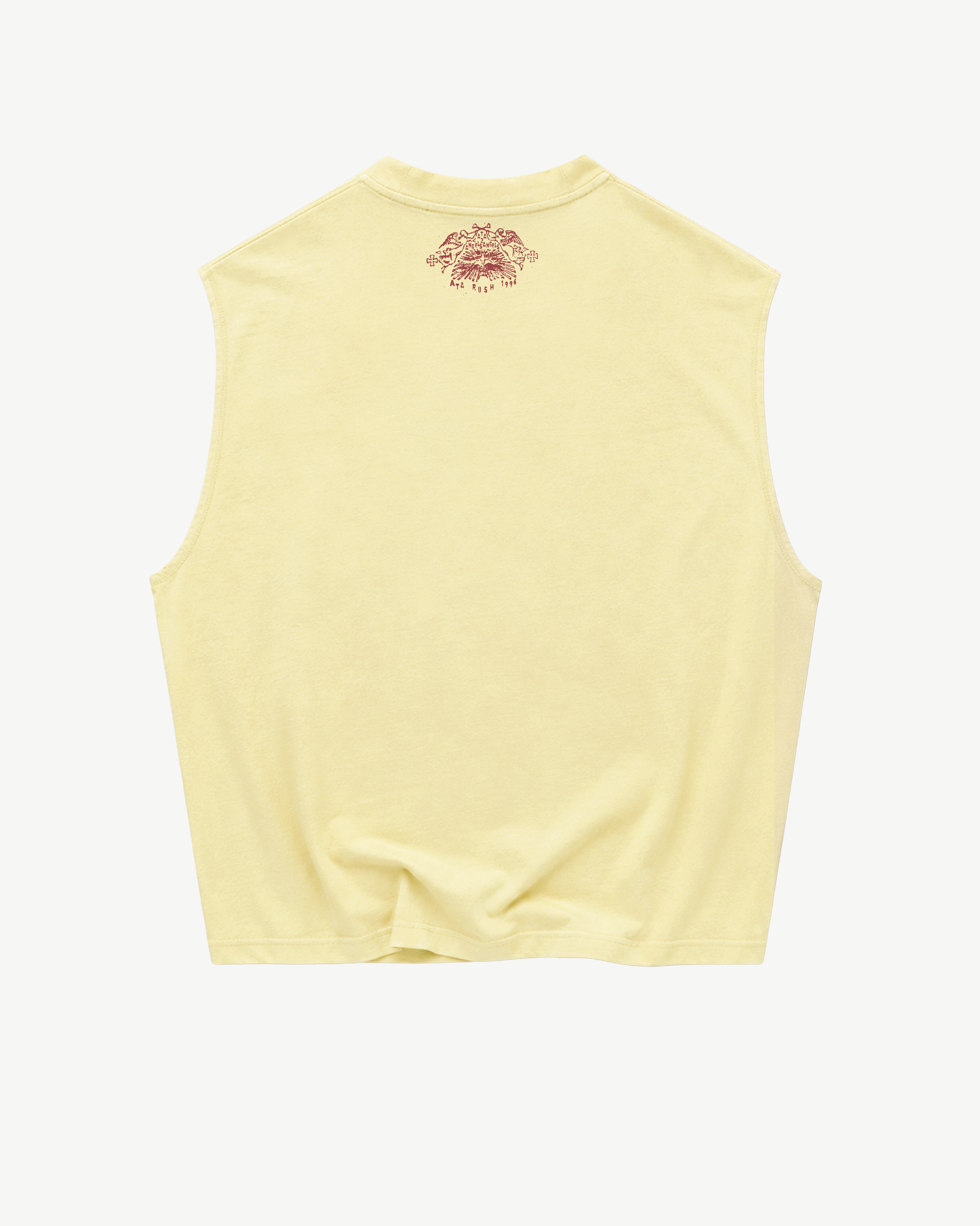 ATARUSH Signature Tank in Vintage Yellow, front — faded red 'les enfants de Dieu' italic serif print, 180gsm cotton boxy cropped