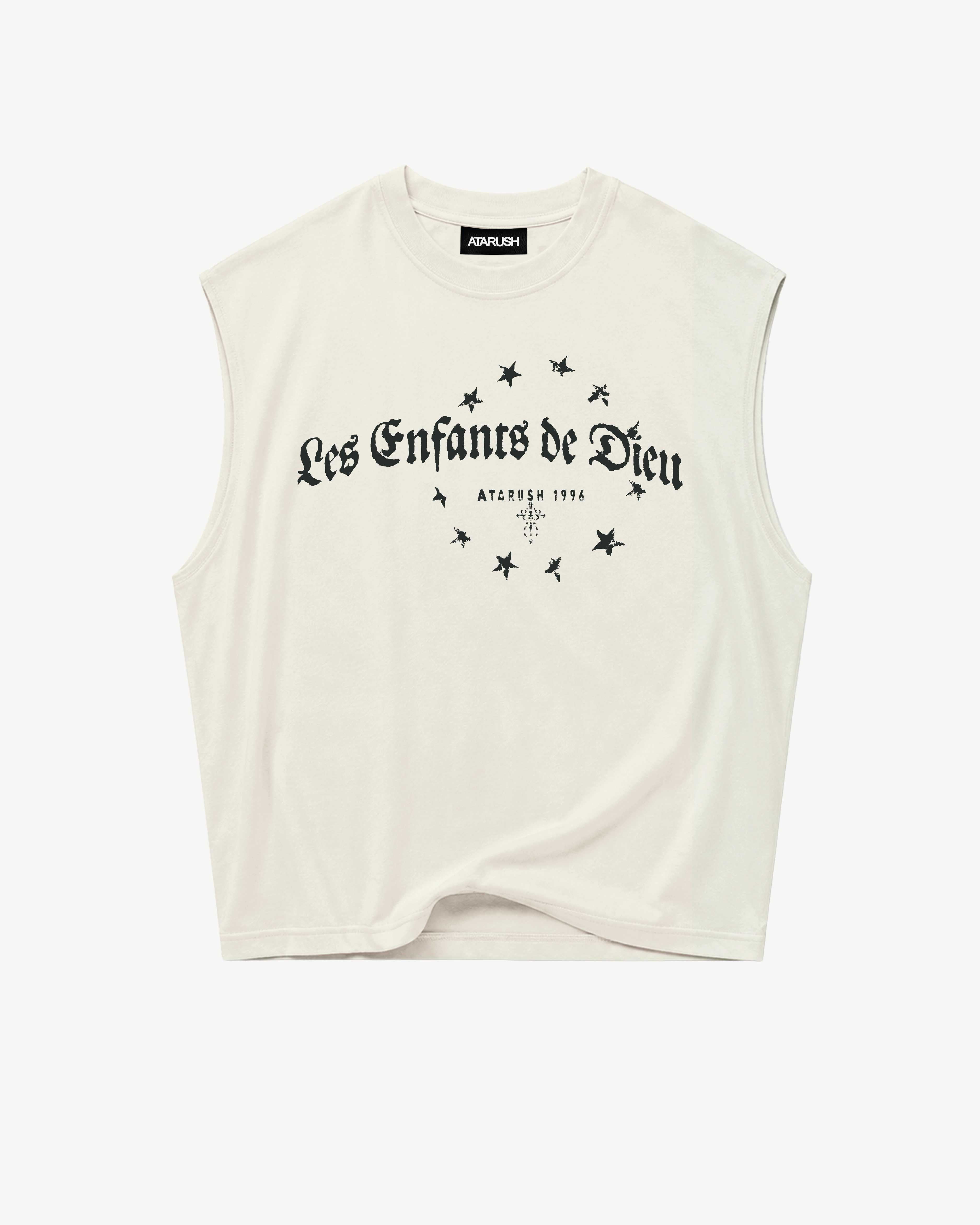ATARUSH Circle Tank in Vintage Chalk, back — small black ornate cross print at nape