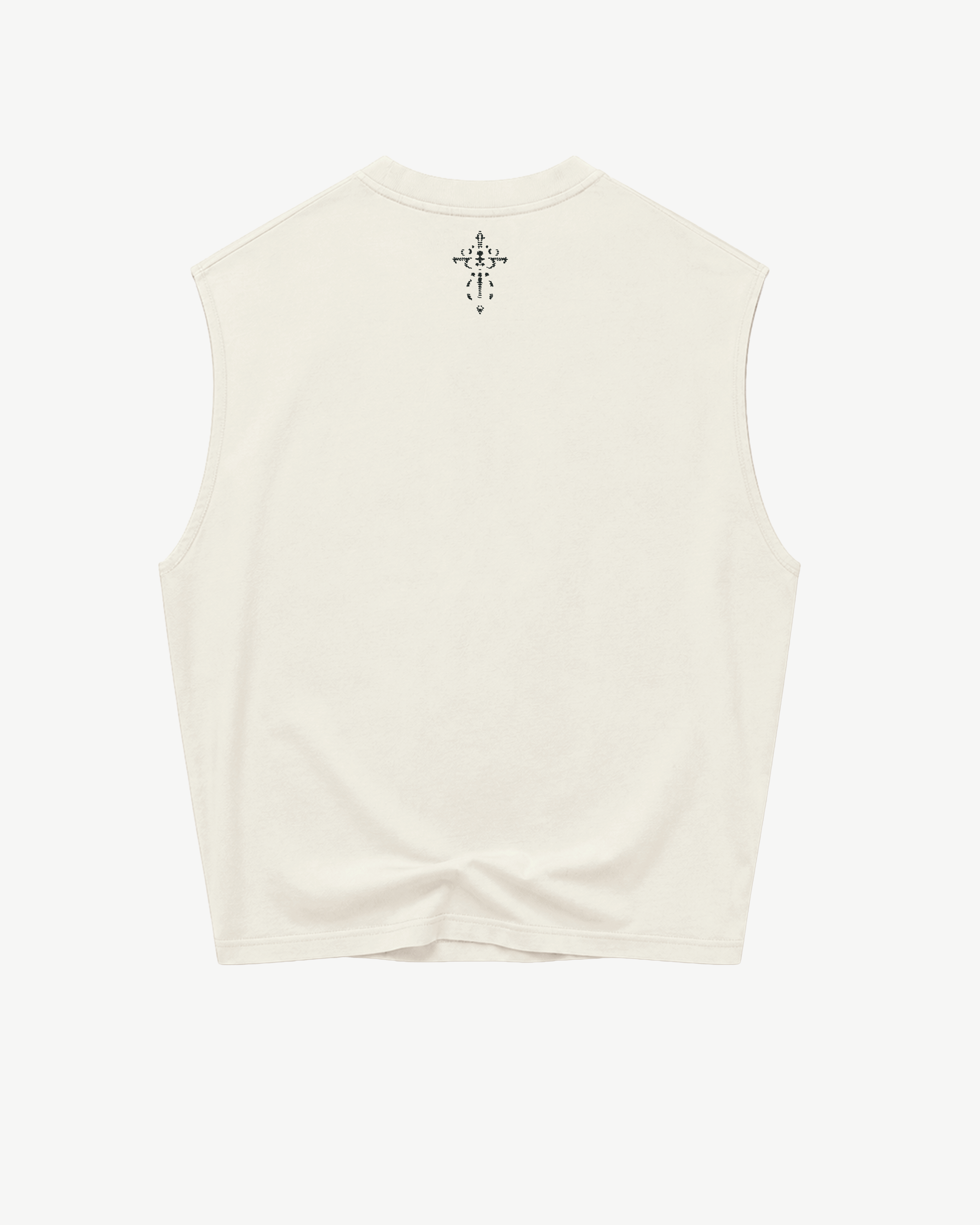 ATARUSH Circle Tank in Vintage Chalk, front — faded black Les Enfants de Dieu gothic emblem with circle of stars, 180gsm cotton boxy cropped