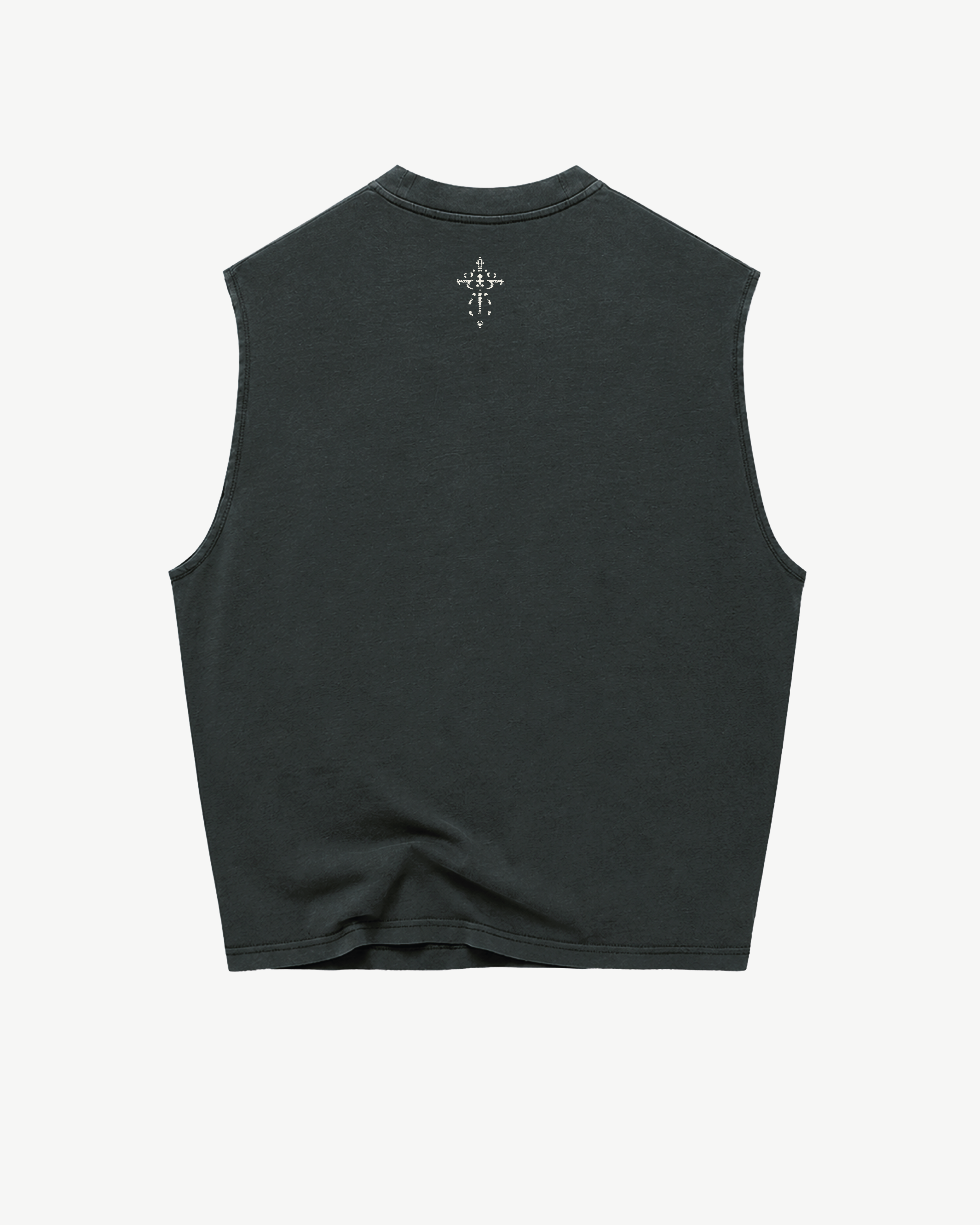 ATARUSH Circle Tank in Vintage Lead, front — aged cream Les Enfants de Dieu gothic emblem with circle of stars, 180gsm cotton boxy cropped