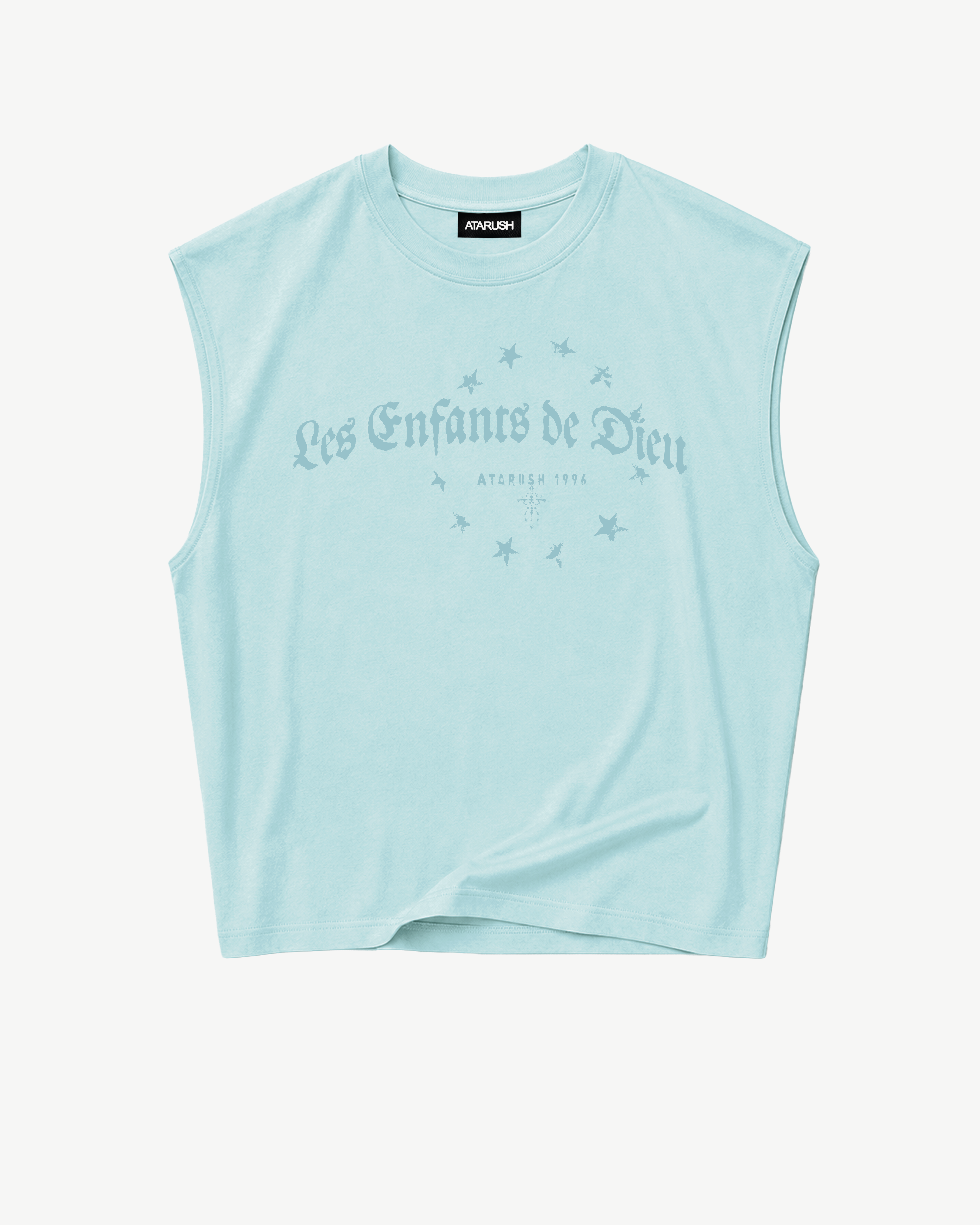 ATARUSH Circle Tank in Capri Blue, back — small tone-on-tone cross print at nape