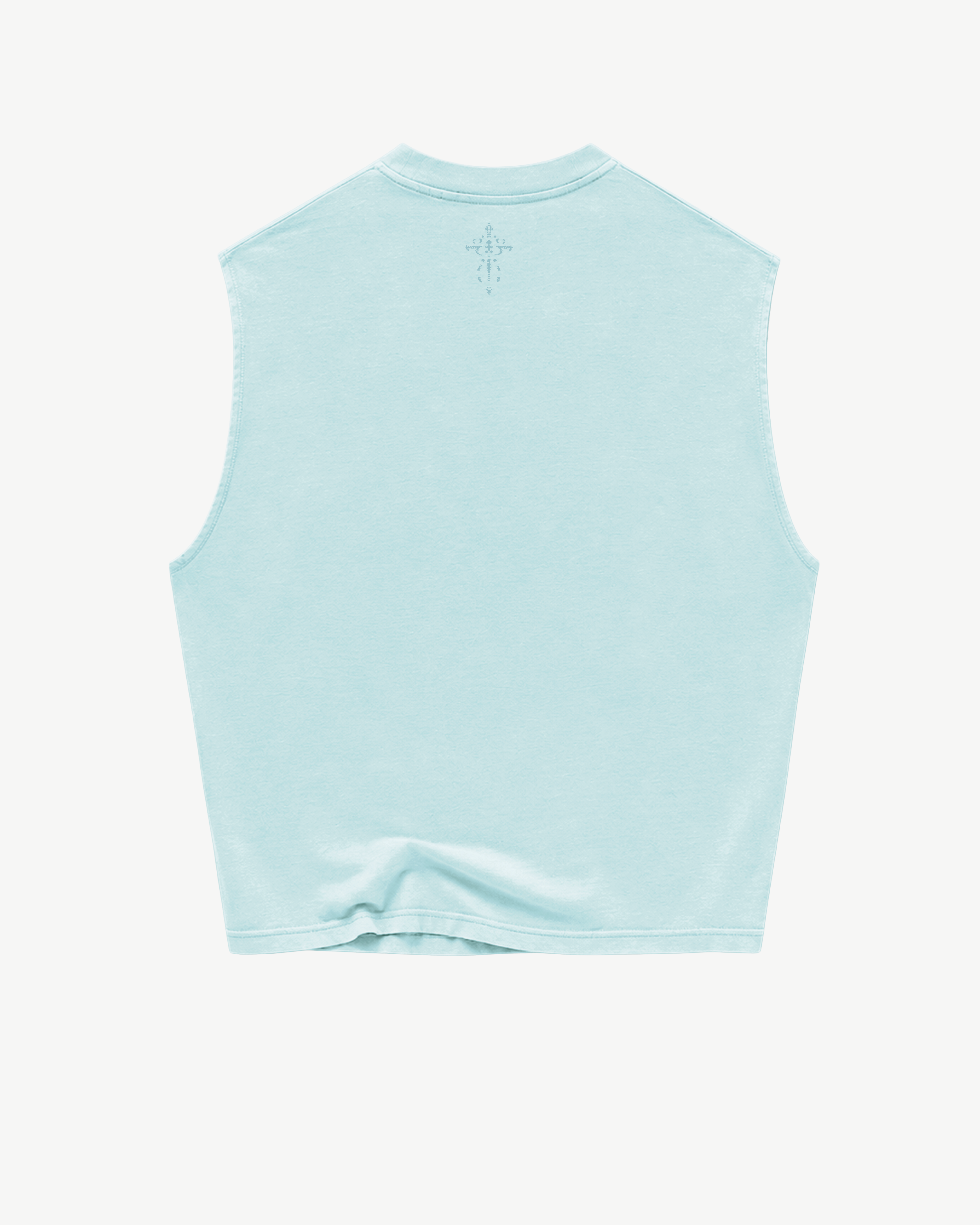 ATARUSH Circle Tank in Capri Blue, front — tone-on-tone Les Enfants de Dieu gothic emblem with circle of stars, 180gsm cotton boxy cropped