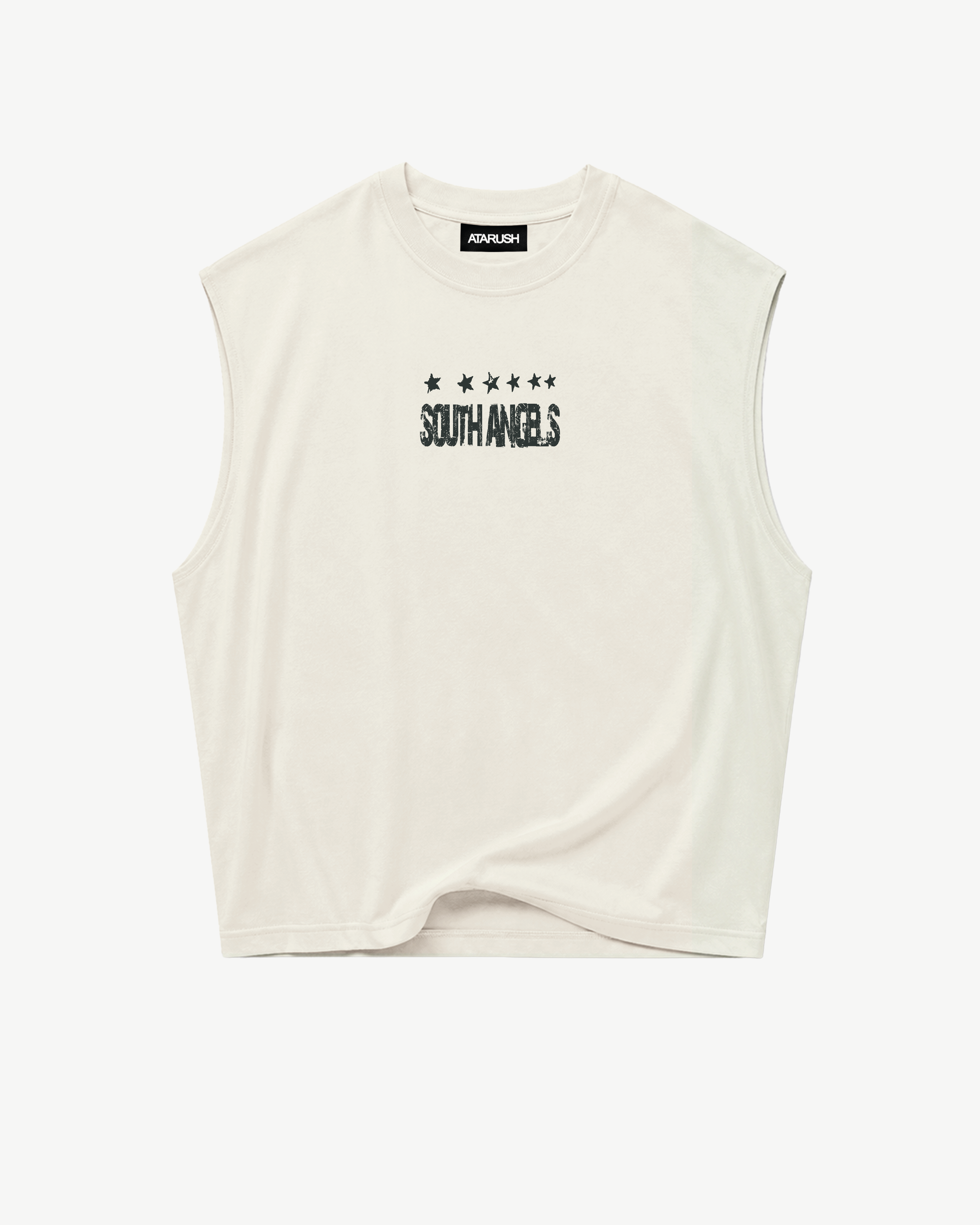 ATARUSH Angel Tank in Vintage Chalk, back — ANGELS TO ANGELS / RUINED BY THE SUN stars-and-cross emblem in black