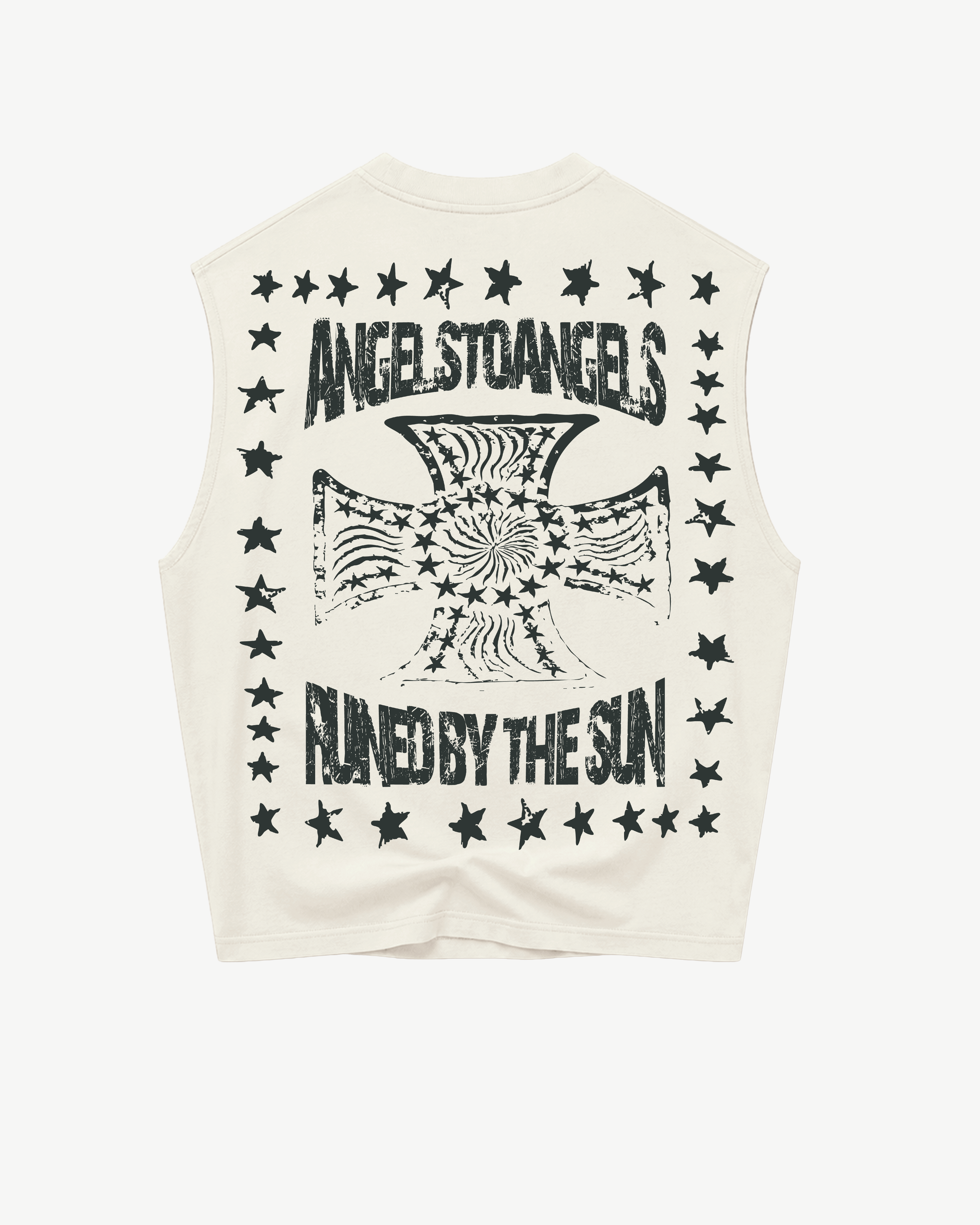 ATARUSH Angel Tank in Vintage Chalk, front — black SOUTH ANGELS print with stars, 180gsm cotton boxy cropped