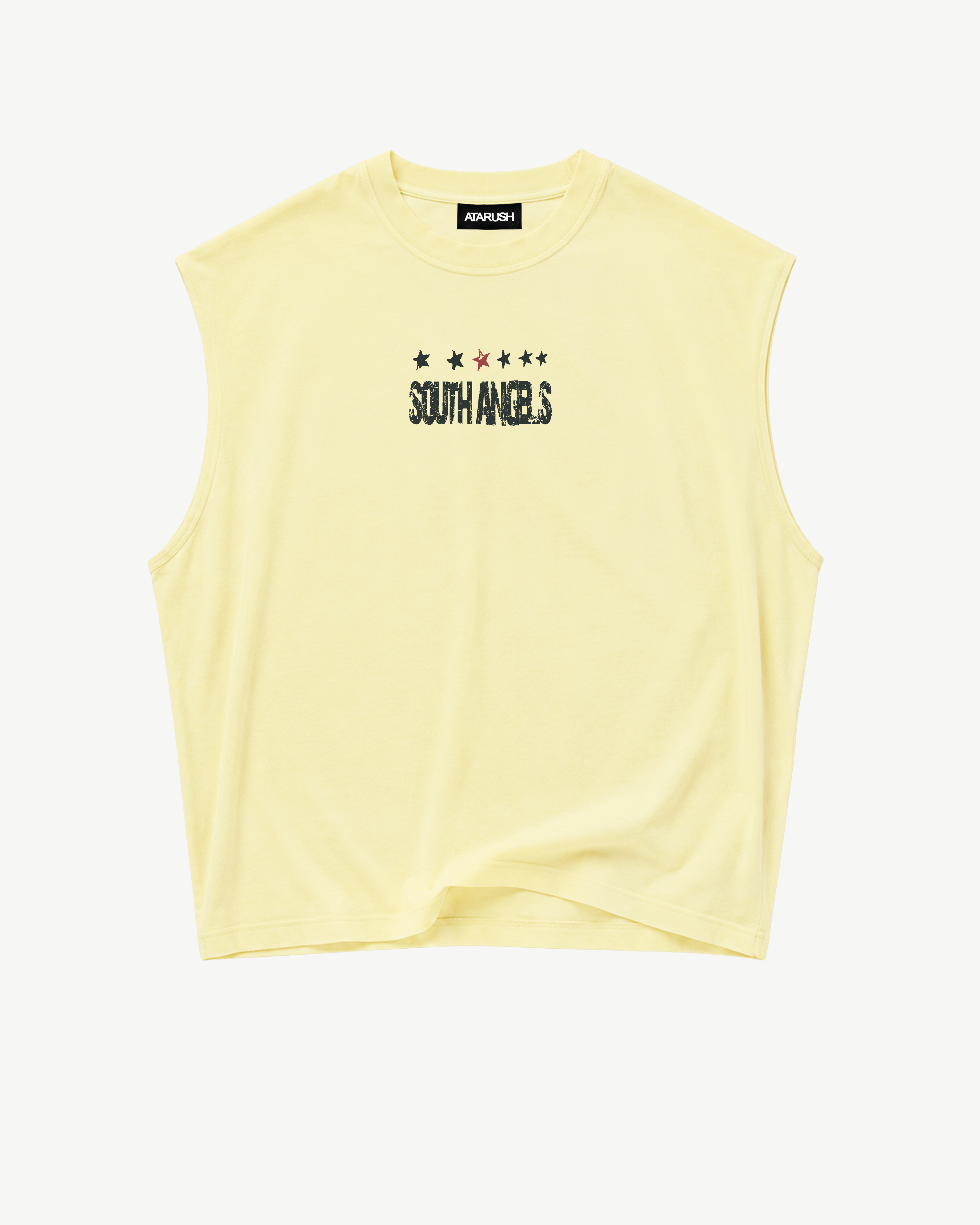 ATARUSH Angel Tank in Vintage Yellow, back — ANGELS TO ANGELS / RUINED BY THE SUN stars-and-cross emblem in black with red star accents