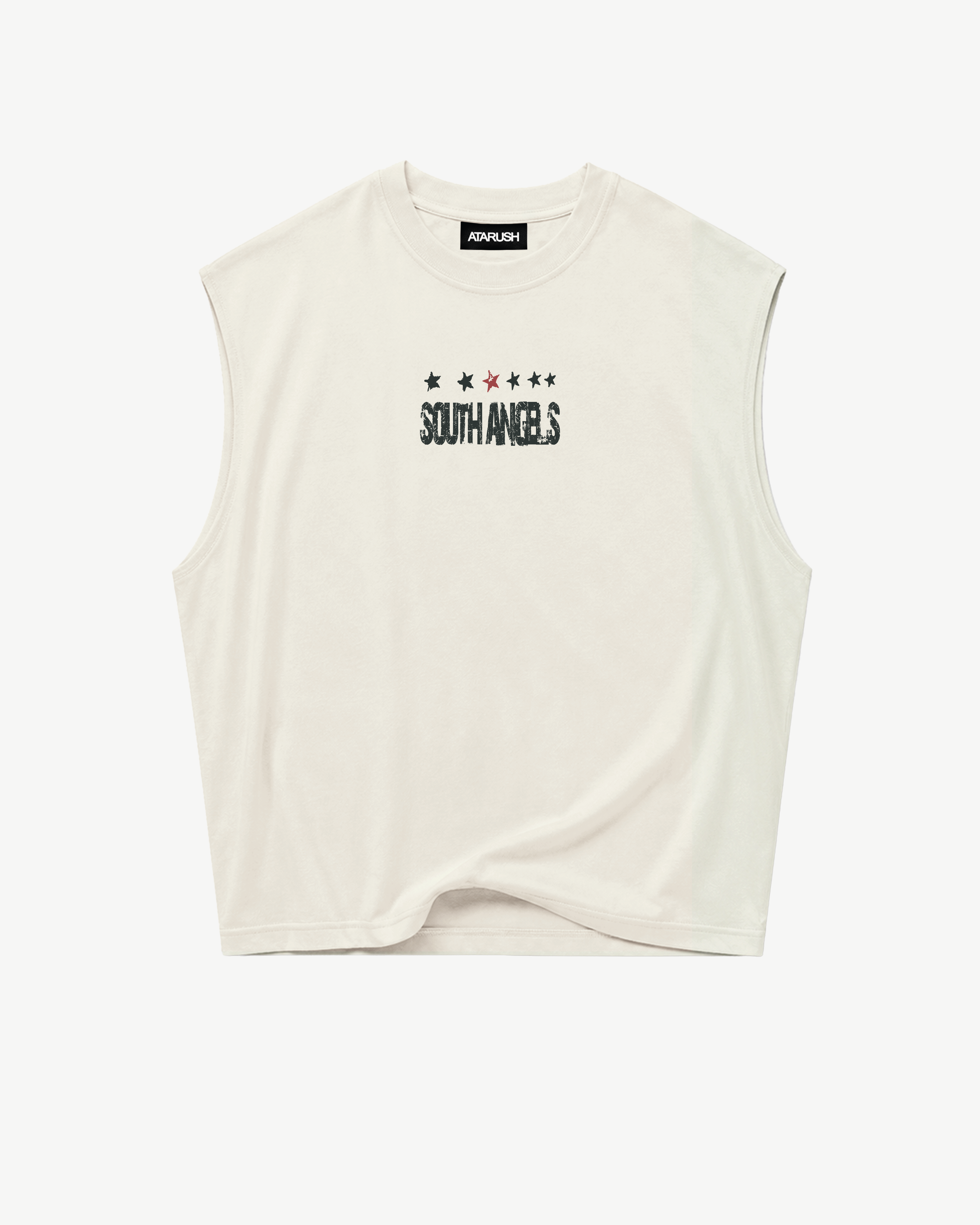 ATARUSH Saint Michael Tank in Vintage Chalk, back — black archangel figure with cross, SOUTH ANGELS red arch and red star row