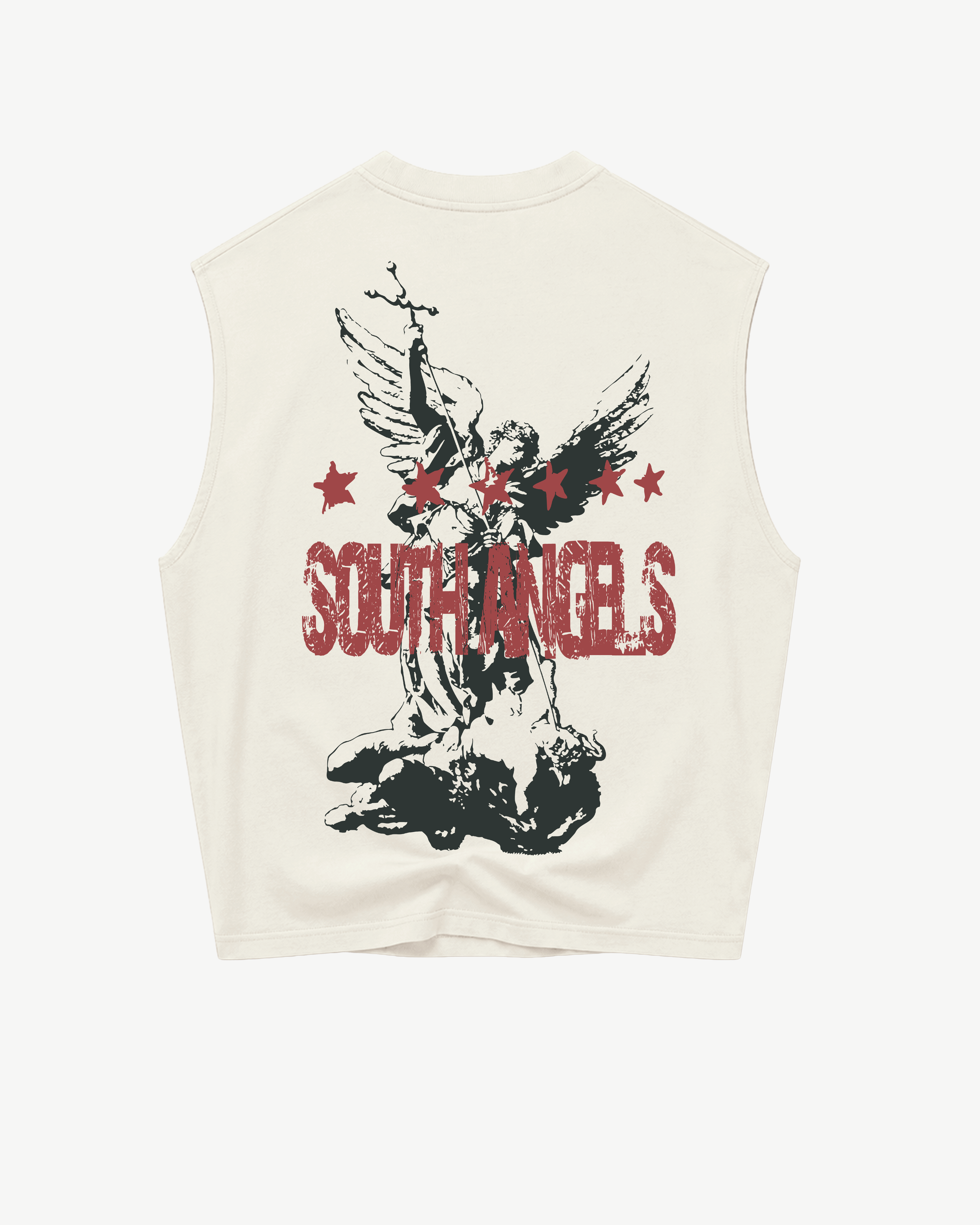 ATARUSH Saint Michael Tank in Vintage Chalk, front — black SOUTH ANGELS print with stars and red accent, 180gsm cotton boxy cropped