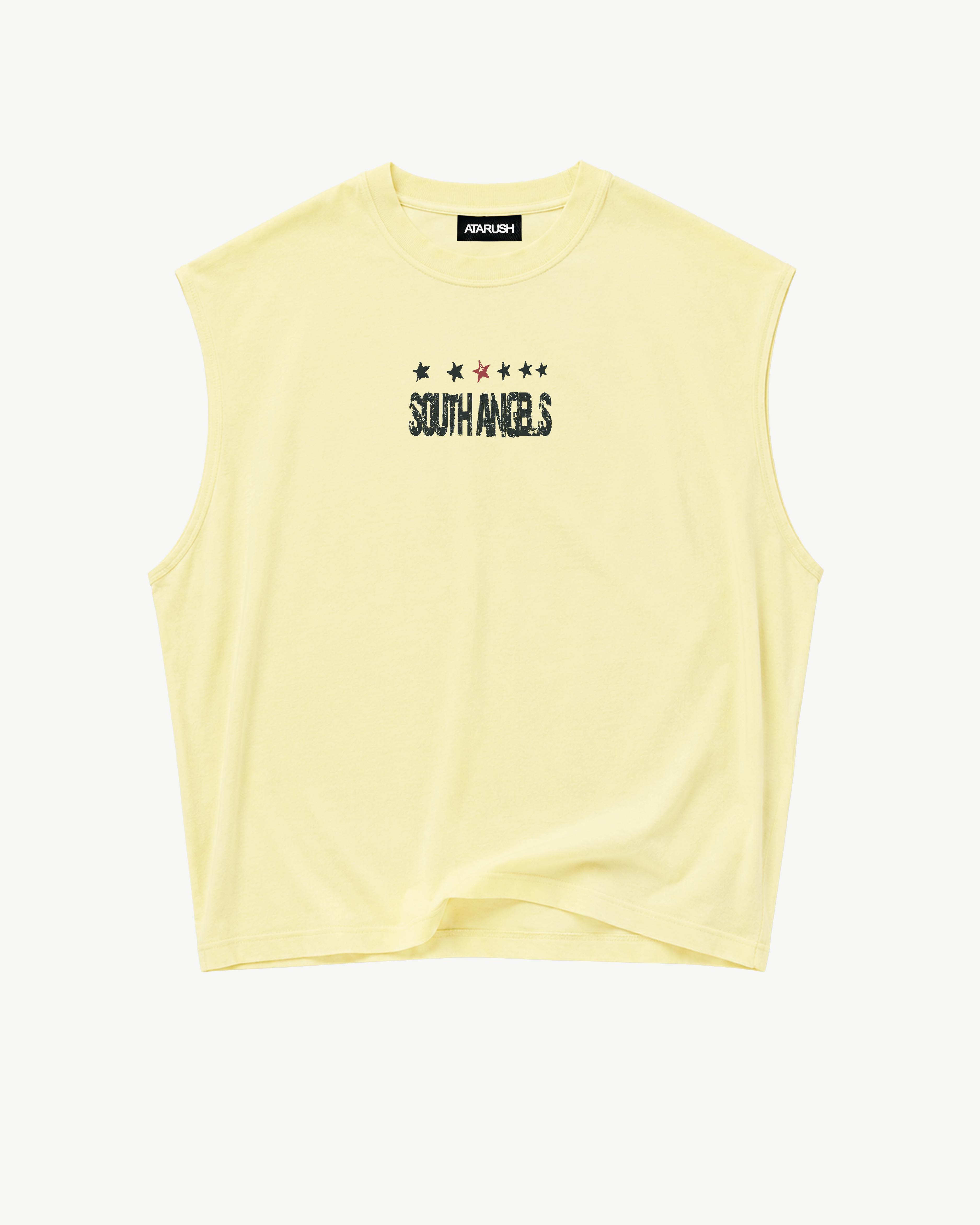 ATARUSH Saint Michael Tank in Vintage Yellow, back — black archangel figure with cross, SOUTH ANGELS red arch and red star row