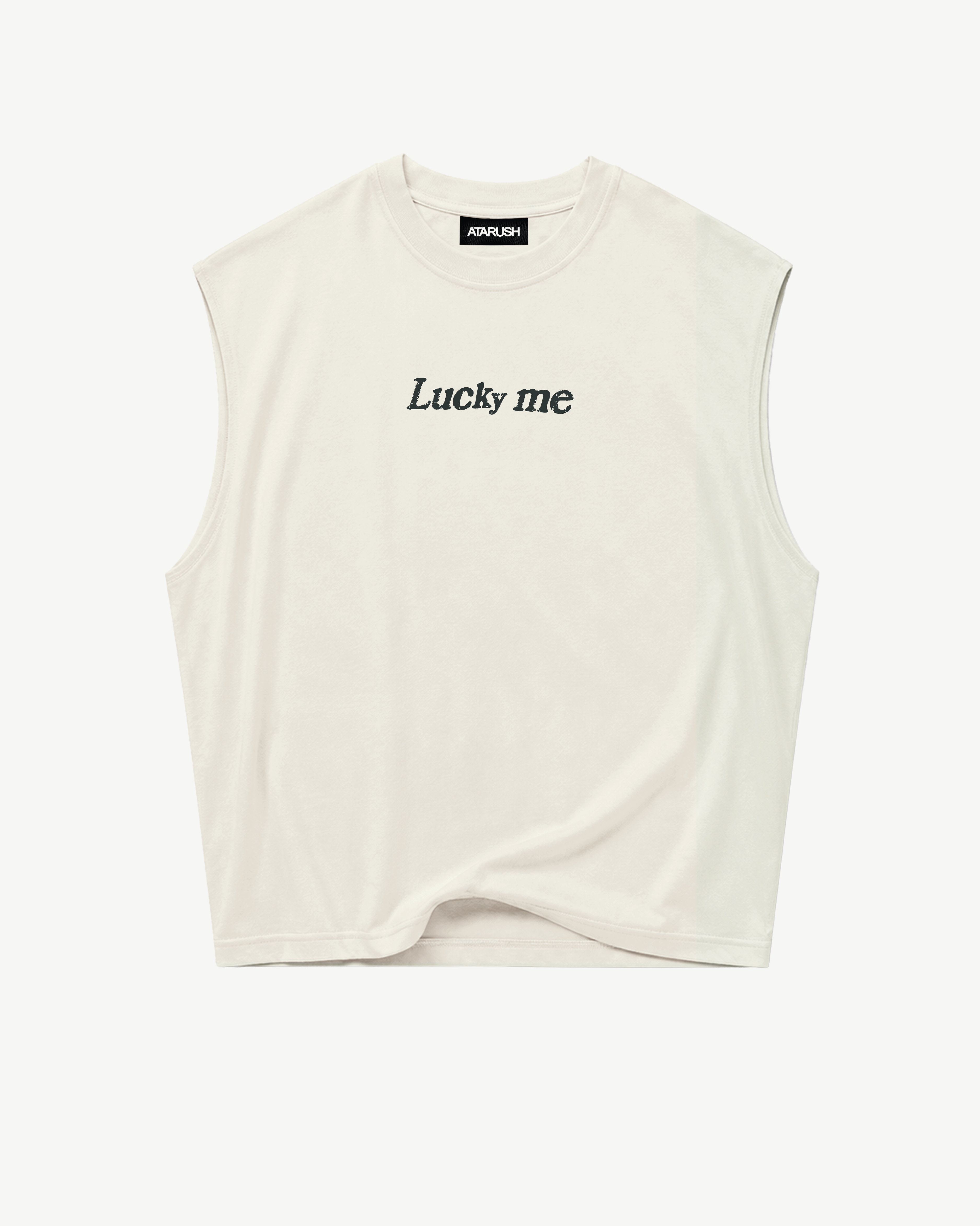 ATARUSH Lucky Me Tank in Vintage Chalk, back — 'I am a child of God' three-line faded black distressed serif print
