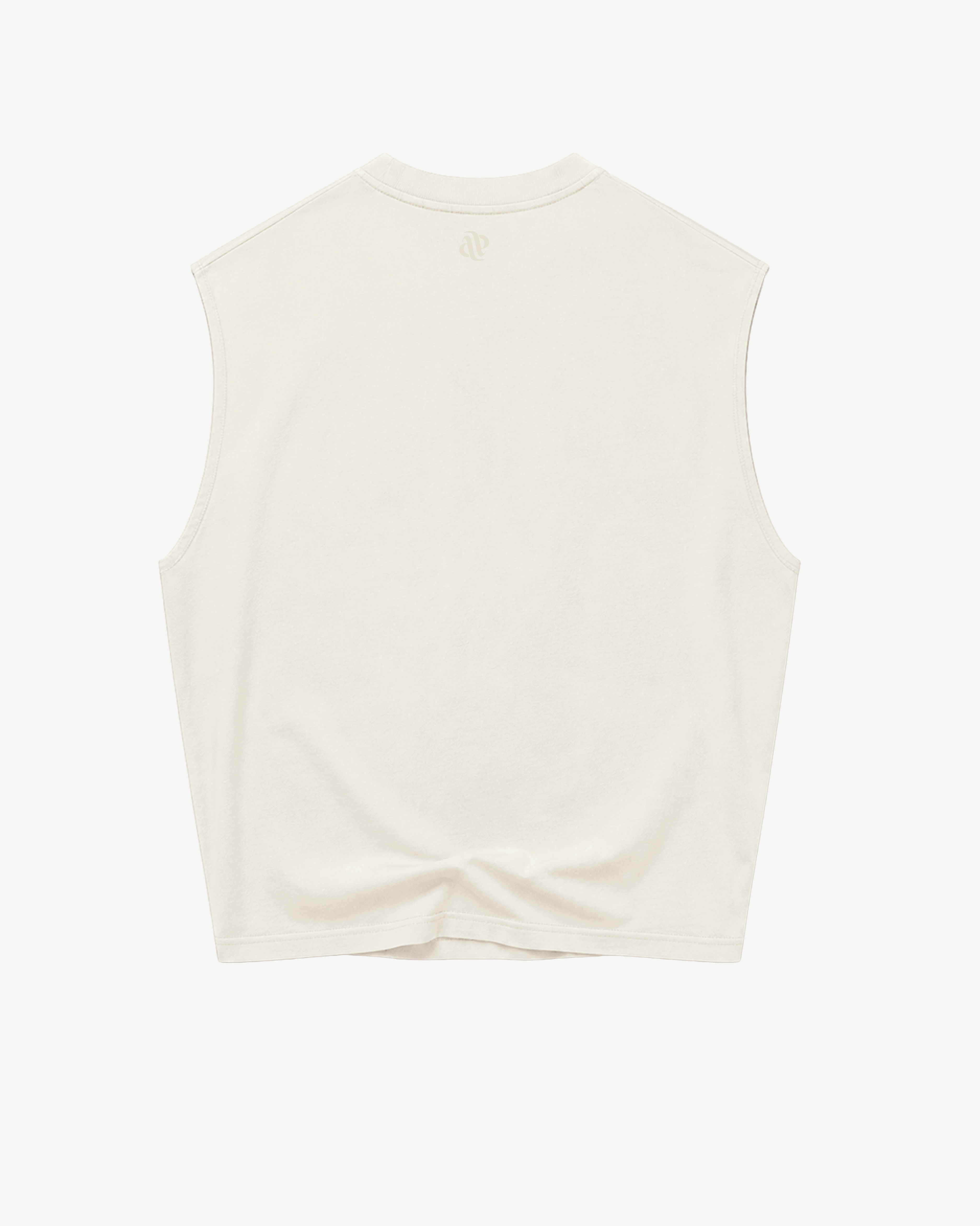 ATARUSH Logo Tank in Vintage Chalk, front — tone-on-tone ATARUSH 1996 Los Angeles California print, 180gsm cotton boxy cropped