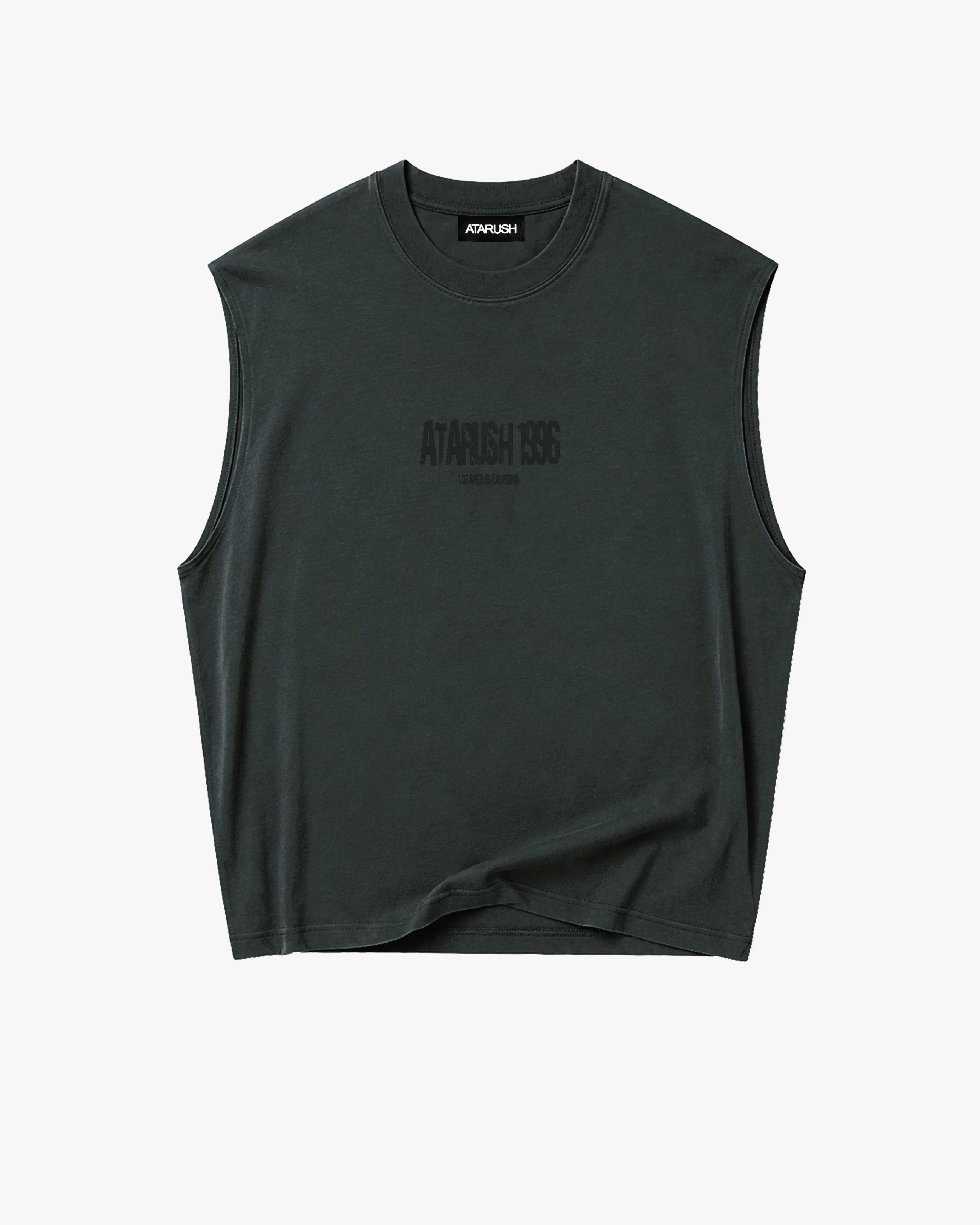 ATARUSH Logo Tank in Vintage Lead, back — small tone-on-tone ATARUSH monogram at nape