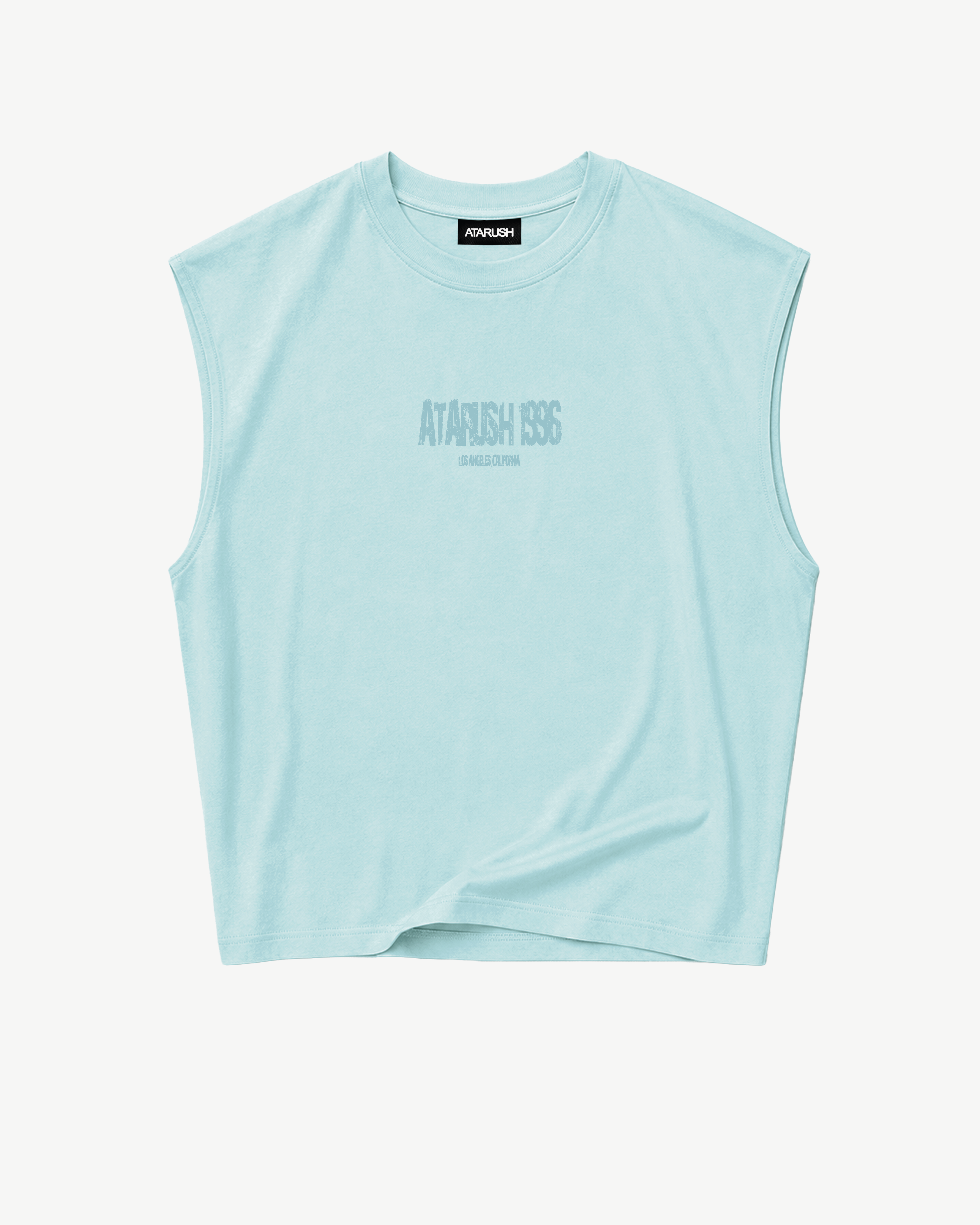 ATARUSH Logo Tank in Capri Blue, back — small tone-on-tone ATARUSH monogram at nape